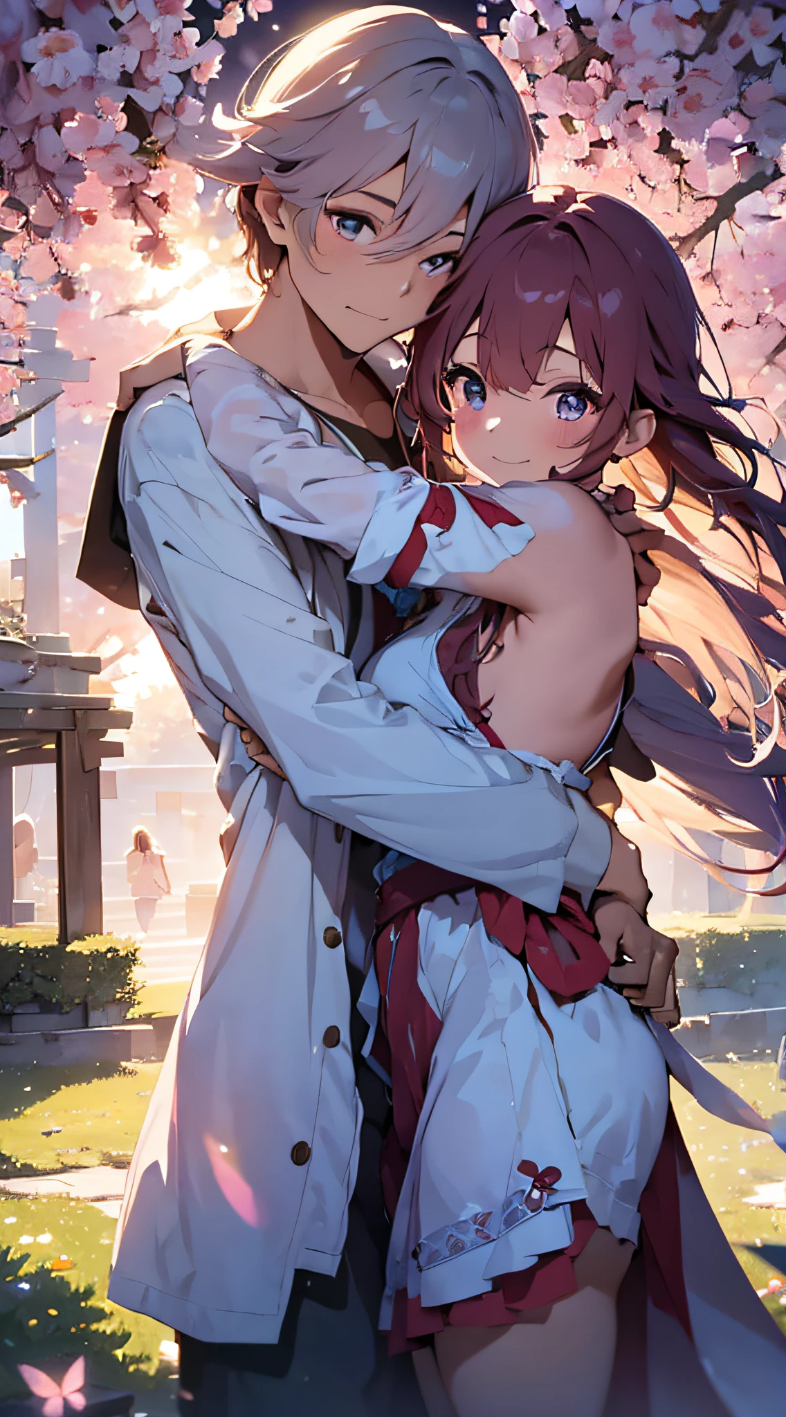 1boy,1girl,hugging,lovingly embracing each other,emotionally connected,tightly intertwined,gentle caress,affectionate touch,soft warm breeze,rays of sunlight,sparkling in their eyes,filled with love and warmth,beautiful spring garden,lush green grass and vibrant flowers,blooming with life,butterflies dancing around them,magical atmosphere,enchanting whispers,whispering sweet nothings,laughter echoing in the air,peaceful and serene,romantic moment frozen in time,unbreakable bond,strong and genuine,eternal love,forever and always,(best quality,4k,8k,highres,masterpiece:1.2),ultra-detailed,realistic,photorealistic:vivid colors,soft pastels, dreamy atmosphere,gentle lighting and shadows