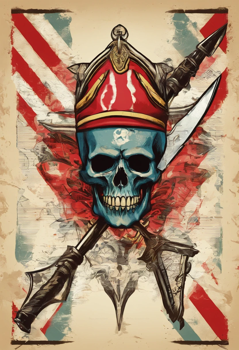 Create a barber shop logo, with a Spartan helmet that looks worn and with war blood on which a skull is placed, that is crossed with razor holders that are used in the barber shop, and behind the helmet you can see a barber pole