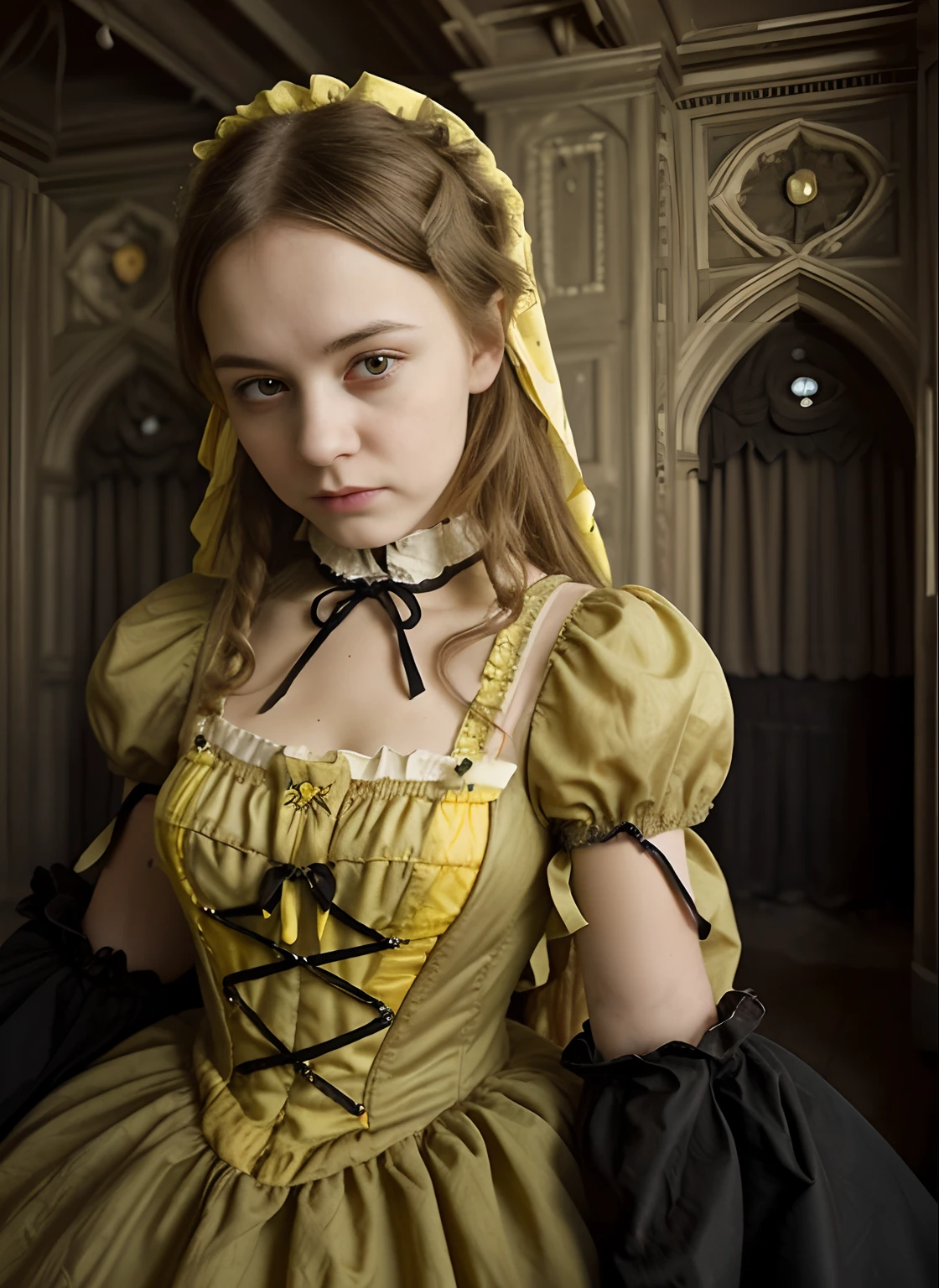 create this girl in a gothic Victorian home with yellow curtains that match's her dress. Keep her face much the same as it is