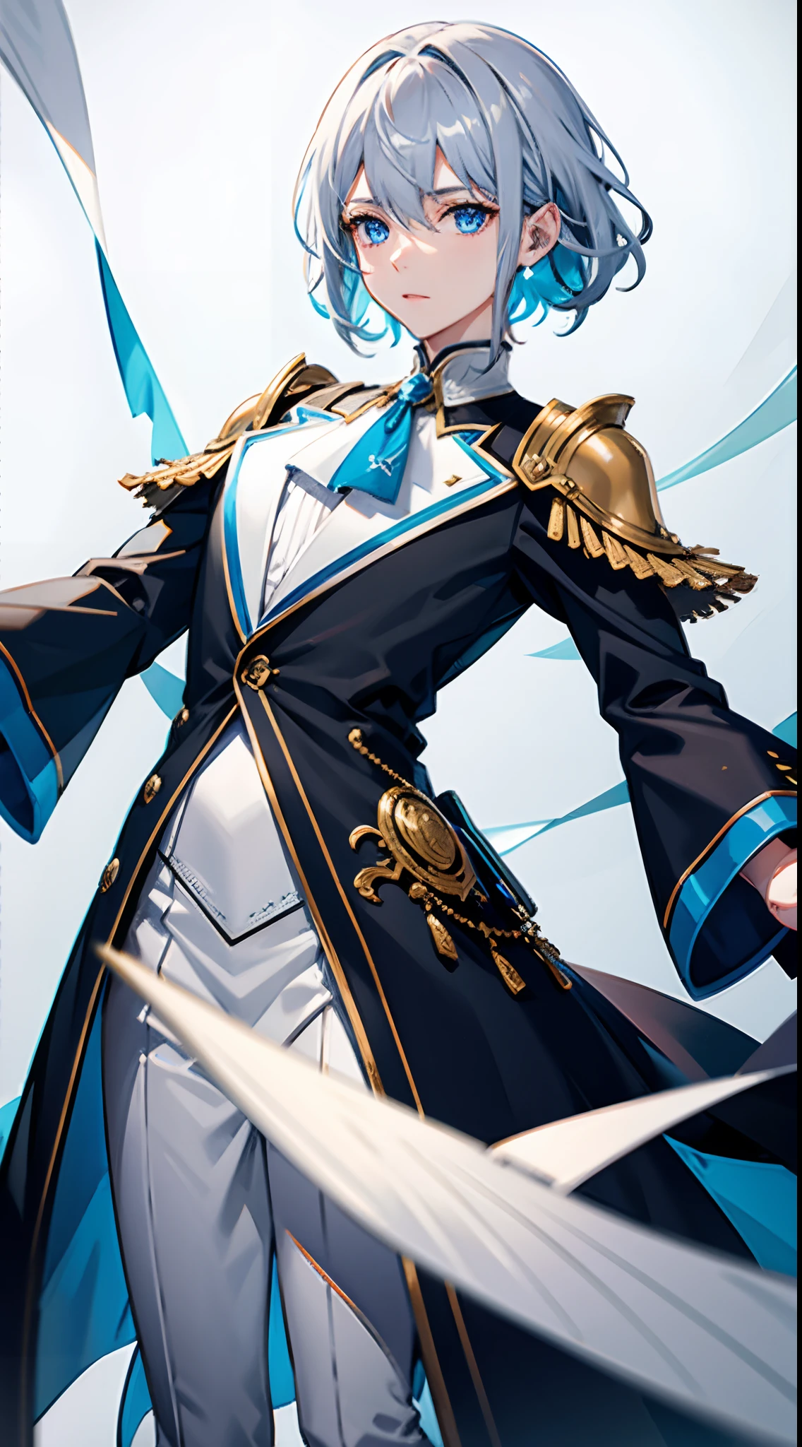 ((Best Quality, in 8K, male people, Seen from the front,masuter piece :0.5)), 1 Neutral man in fantasy courtesy dressed in blue and silver tones, (One head, Two arms, I don't have anything in my hands, Silver shorthair, Blue eyes, I'm in love with, glad,),