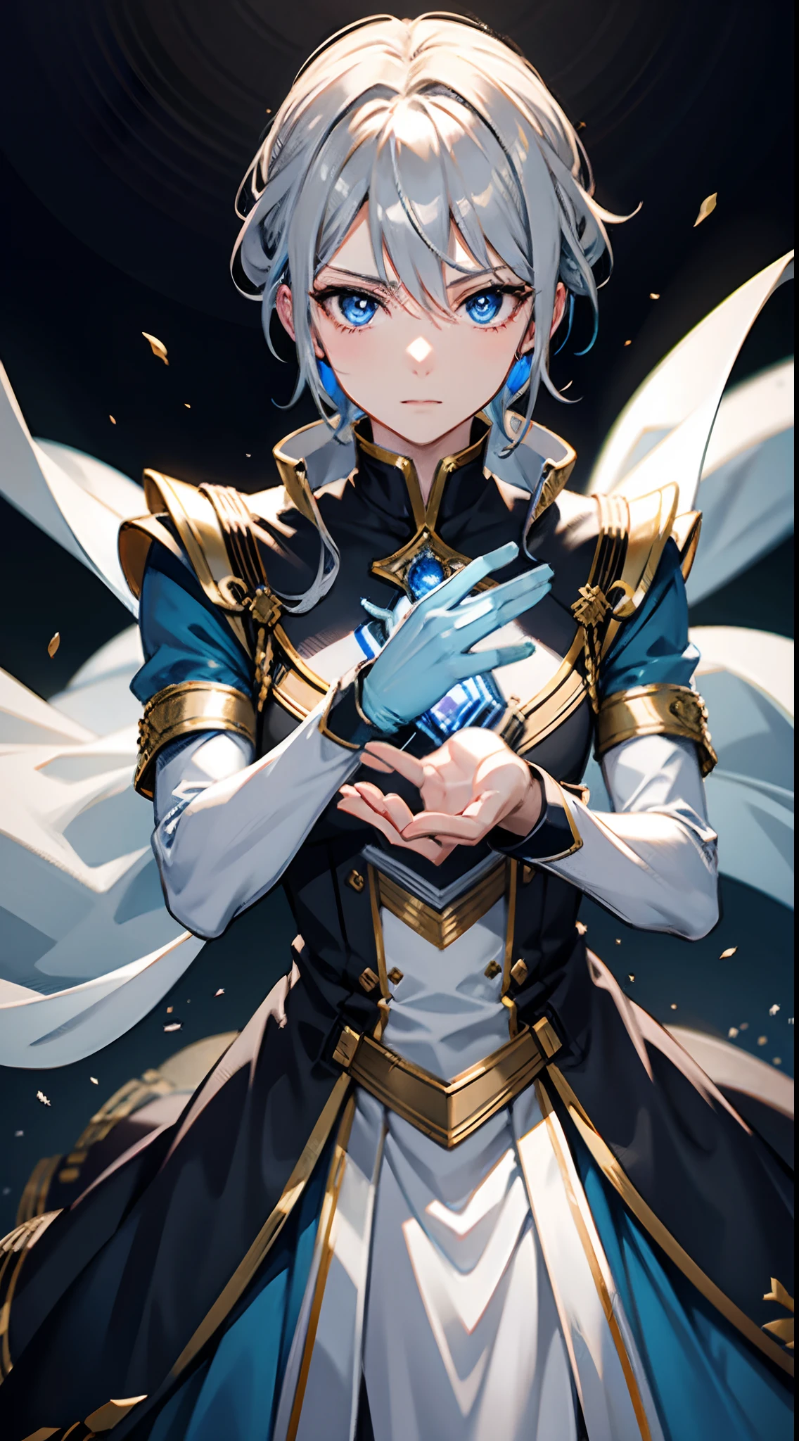 ((Best Quality, in 8K, male people, Seen from the front,masuter piece :0.5)), 1 Neutral man in fantasy courtesy dressed in blue and silver tones, (One head, Two arms, I don't have anything in my hands, Silver shorthair, Blue eyes, I'm in love with, glad,),