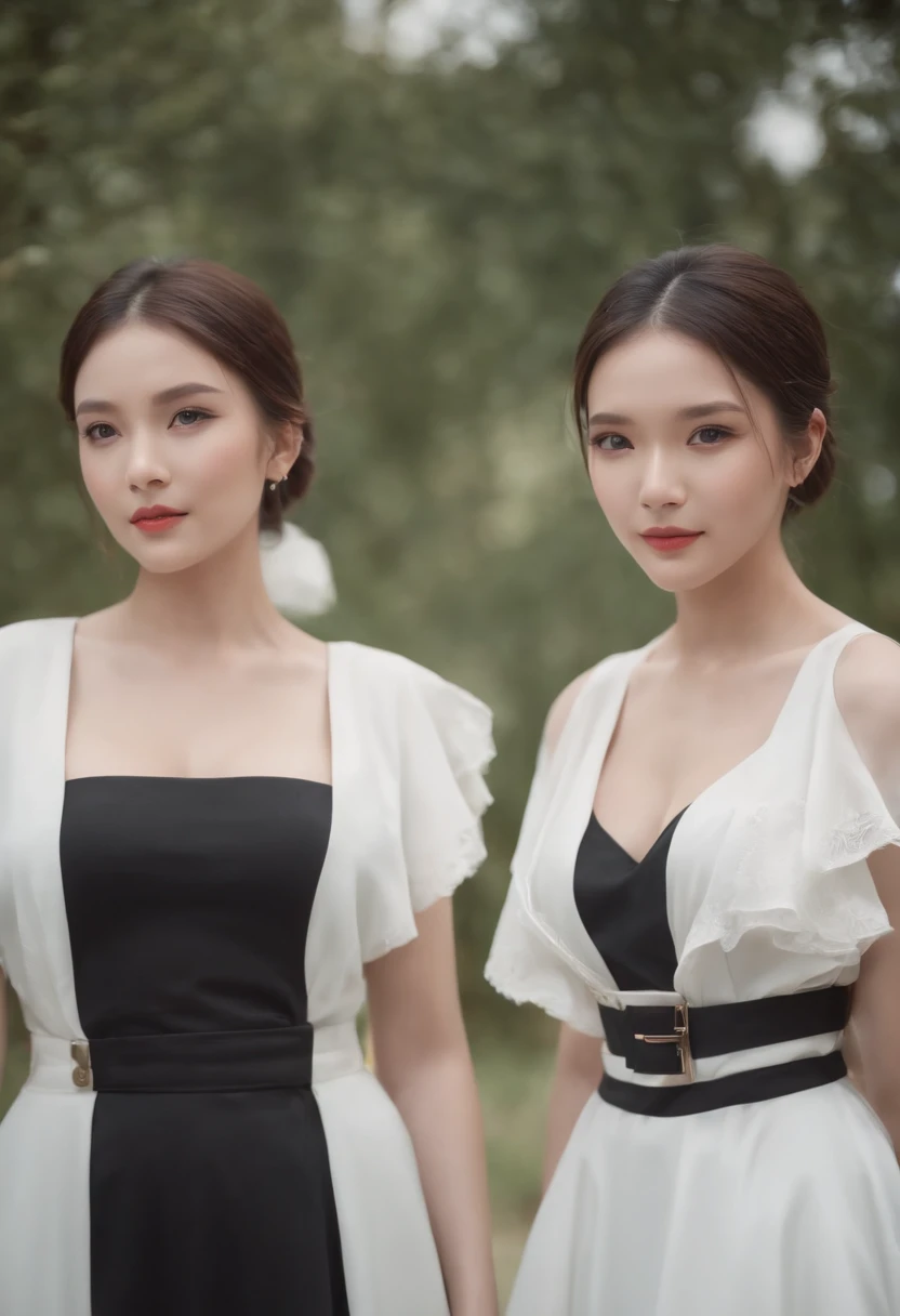 two women in black and white dresses standing next to each other, two girls, two women, twins, beautiful sci - fi twins, trending at cgstation, with a twin, beautiful gemini twins, with black, beautiful gemini twins portrait, asian women, sexy girl, trending on cgstation, two models in the frame, busty, open v chest clothes