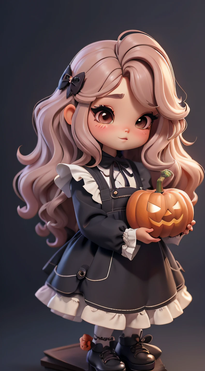 Create a series of chibi style dolls with a cute halloween theme, each with lots of detail and in an 8K resolution. All dolls should follow the same solid background pattern and be complete in the image, mostrando o (corpo inteiro, incluindo as pernas: 1.5)
Boneca Aprendiz de Bruxa: Chame-a de Mia. She should have medium wavy hair in a shade of light brown. Seus olhos devem ser grandes e curiosos, with long eyelashes and slightly pinkish cheeks. Mia deve estar vestida com um vestido colorido e uma blusa de bolinhas. She must hold a mini cauldron and an open book. Add details like pockets and ruffles to the apron to make it even more charming, sapato bonito
Certifique-se de adicionar sombras, texturas e detalhes nos cabelos, roupas, Cute Halloween utensils, to make them even more adorable and charming.