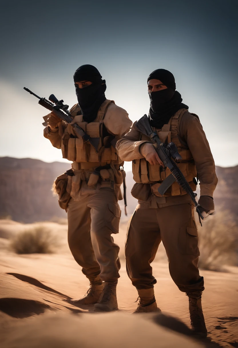 Mujahadeen terrorists training with rifle-sized snickers bars:
(best quality,4k,8k,highres,masterpiece:1.2),ultra-detailed,(realistic,photorealistic,photo-realistic:1.37),war, intense, action-packed scene, desert environment, fierce-looking Mujahadeen fighters, wearing traditional attire, holding rifle-sized snickers bars as weapons, practicing combat techniques, demonstrating precision and skill, dynamic poses, intense facial expressions, sweat dripping down their foreheads, dust swirling in the air, harsh sunlight casting dramatic shadows, rugged terrain, rocky cliffs in the background, dramatic composition, vivid colors, blending warm earth tones with vibrant blues, creating a visually striking contrast, dramatic lighting, highlighting the fighters' silhouettes, brimming with determination and resilience, capturing the spirit of resistance and strength.
