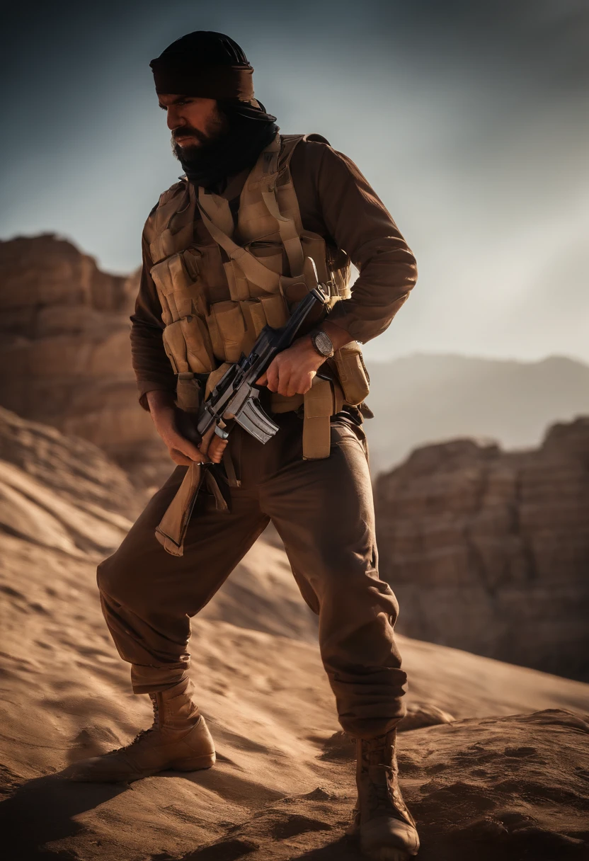 Mujahadeen terrorists training with rifle-sized snickers bars:
(best quality,4k,8k,highres,masterpiece:1.2),ultra-detailed,(realistic,photorealistic,photo-realistic:1.37),war, intense, action-packed scene, desert environment, fierce-looking Mujahadeen fighters, wearing traditional attire, holding rifle-sized snickers bars as weapons, practicing combat techniques, demonstrating precision and skill, dynamic poses, intense facial expressions, sweat dripping down their foreheads, dust swirling in the air, harsh sunlight casting dramatic shadows, rugged terrain, rocky cliffs in the background, dramatic composition, vivid colors, blending warm earth tones with vibrant blues, creating a visually striking contrast, dramatic lighting, highlighting the fighters' silhouettes, brimming with determination and resilience, capturing the spirit of resistance and strength.