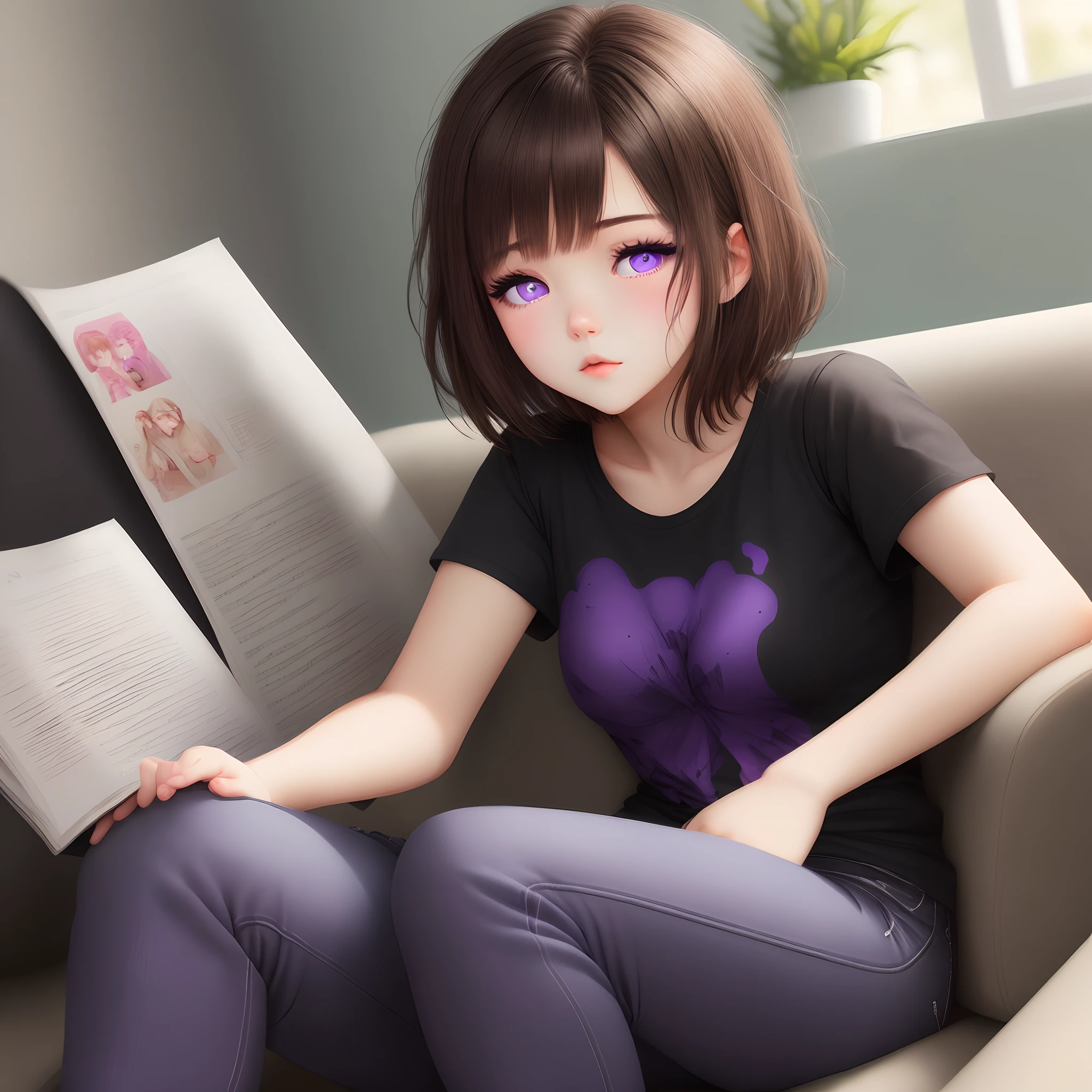 Girl, brown hair,  short hair, purple eyes, sleppy eyes, wear black shirt,  black jeans .