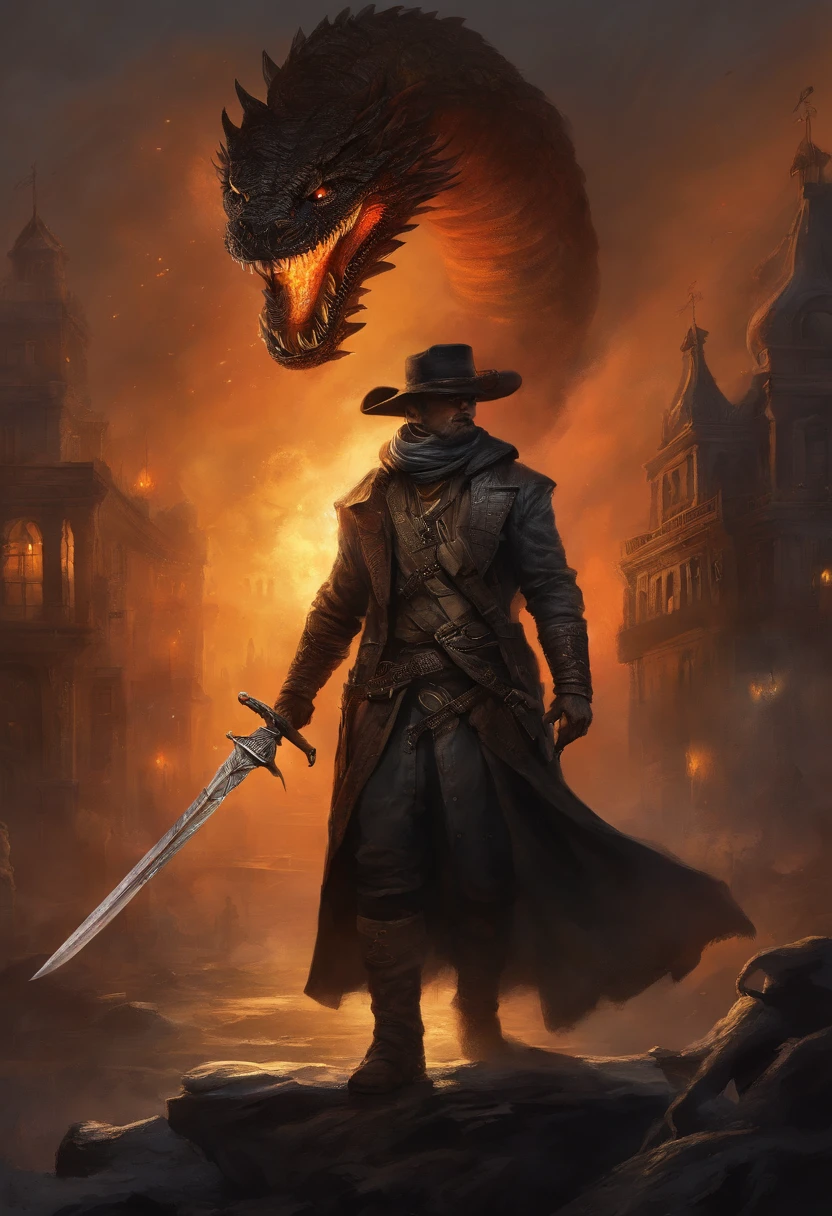 A latina female monster hunter with black clothes and black hat, facing a giant fire snake in the sky. Sense of oppression. 19th century rural city by night in the background. A lot of detail. Strong, intense lighting. High-quality image (4k resolution, ultra-detailed, realistic). The hunter's clothes are made of leather, having a rough texture. The city is surrounded by thick fog, giving a mysterious atmosphere. The fire snake emits vibrant and intense flames. The hunter's eyes show determination and focus. There are small sparks in the air, adding dynamism to the scene. The hat casts a shadow on the hunter's face, adding to the suspense. The snake's scales reflect the fire's light, creating an illusion of movement. The buildings in the city have intricate architectural details, with flickering lights in the windows. The night sky is dark and filled with stars. The hunter carries a silver sword with intricate engravings, enhancing the sense of danger. The scene is filled with tension and anticipation. The color palette consists of dark shades, emphasizing the contrast between light and shadow.