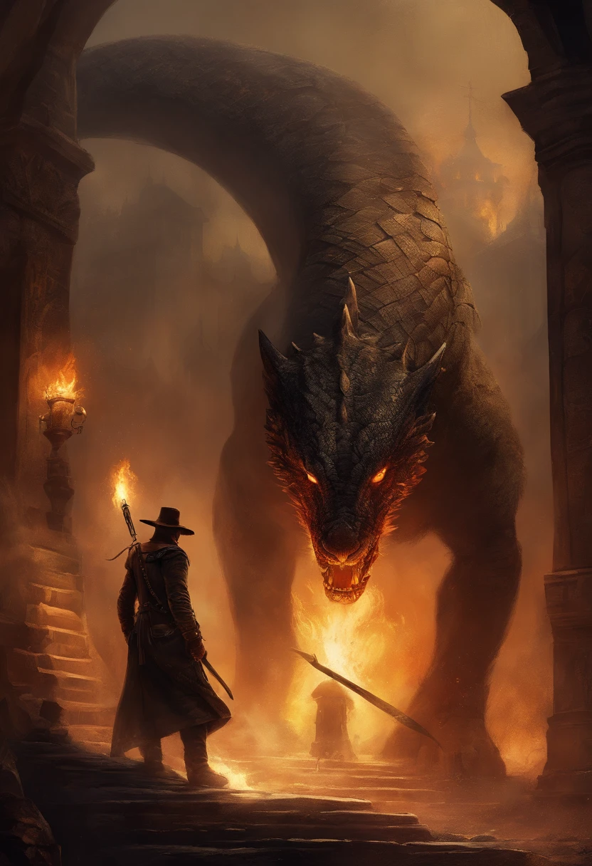 A latina female monster hunter with black clothes and black hat, facing a giant fire snake in the sky. Sense of oppression. 19th century rural city by night in the background. A lot of detail. Strong, intense lighting. High-quality image (4k resolution, ultra-detailed, realistic). The hunter's clothes are made of leather, having a rough texture. The city is surrounded by thick fog, giving a mysterious atmosphere. The fire snake emits vibrant and intense flames. The hunter's eyes show determination and focus. There are small sparks in the air, adding dynamism to the scene. The hat casts a shadow on the hunter's face, adding to the suspense. The snake's scales reflect the fire's light, creating an illusion of movement. The buildings in the city have intricate architectural details, with flickering lights in the windows. The night sky is dark and filled with stars. The hunter carries a silver sword with intricate engravings, enhancing the sense of danger. The scene is filled with tension and anticipation. The color palette consists of dark shades, emphasizing the contrast between light and shadow.