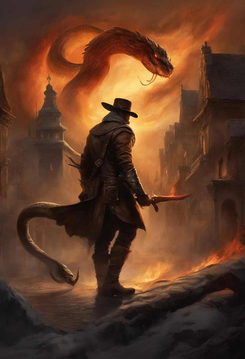 A latina female monster hunter with black clothes and black hat, facing a giant fire snake in the sky. Sense of oppression. 19th century rural city by night in the background. A lot of detail. Strong, intense lighting. High-quality image (4k resolution, ultra-detailed, realistic). The hunter's clothes are made of leather, having a rough texture. The city is surrounded by thick fog, giving a mysterious atmosphere. The fire snake emits vibrant and intense flames. The hunter's eyes show determination and focus. There are small sparks in the air, adding dynamism to the scene. The hat casts a shadow on the hunter's face, adding to the suspense. The snake's scales reflect the fire's light, creating an illusion of movement. The buildings in the city have intricate architectural details, with flickering lights in the windows. The night sky is dark and filled with stars. The hunter carries a silver sword with intricate engravings, enhancing the sense of danger. The scene is filled with tension and anticipation. The color palette consists of dark shades, emphasizing the contrast between light and shadow.