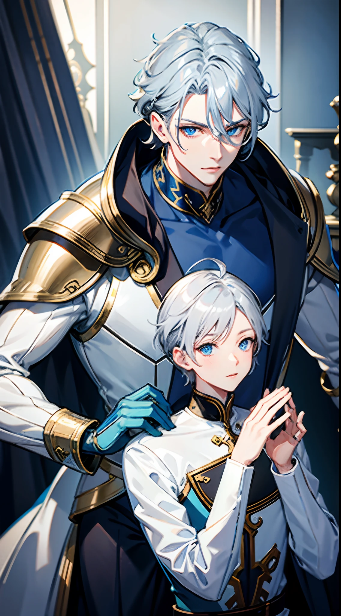 ((Best Quality, in 8K, male people, Seen from the front,masuter piece :0.5)), 1 Neutral man in fantasy courtesy dressed in blue and silver tones, (One head, Two arms, I don't have anything in my hands, Silver shorthair, Blue eyes, I'm in love with, glad,),