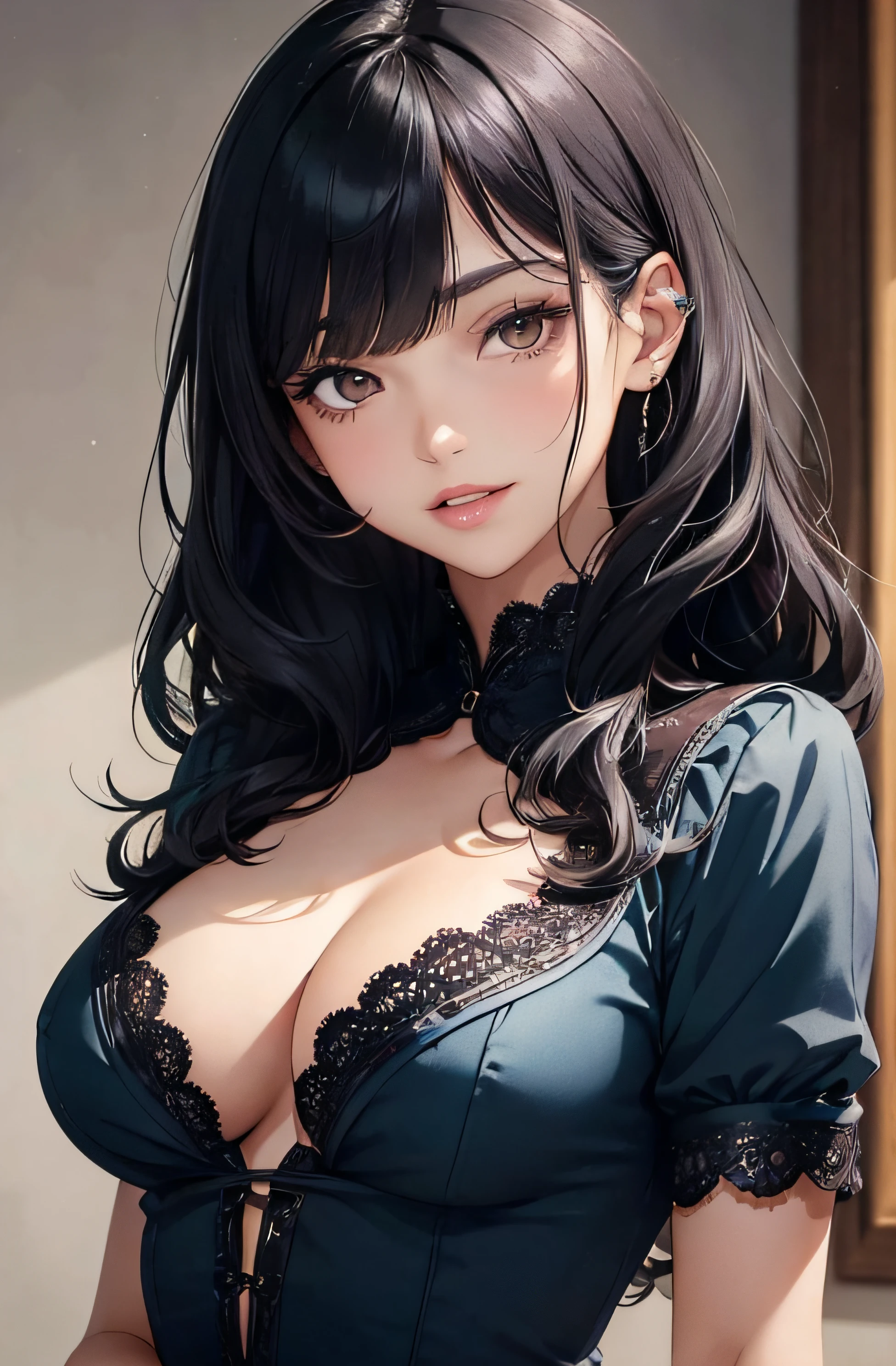 (A photo of upper body), Beautiful face, Highly detailed face and skin texture, (Detailed eyes), Brown eyes, Double eyelids, Thin eyebrows, Glitter eyeliner: 1.2, Natural cheeks, Shiny skin, Fair skin, (((with blouse))), (Shiny lips: 1. 4), (Seductive smile), (20 years old), (Wavy hair, Diagonal bangs), ((black and blue hair)),long mid hair, ((Upper body shot)), ((Focus on chest and face)), Medium large breasts, Upturned breasts.