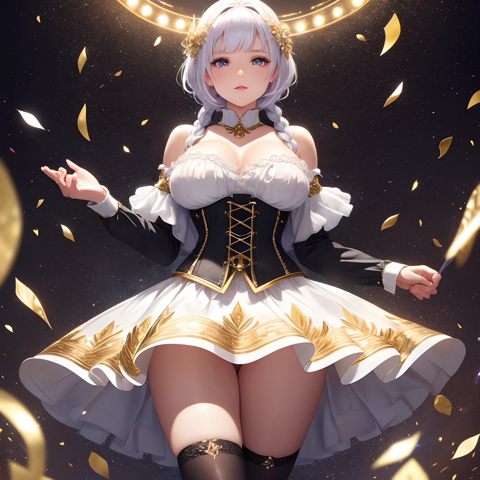 finest image, portrait, beautiful cute woman, amorous expression, lewd expression, white braided bangs iridescent hair, short hair, gold sparkling big eyes, red alluring moist big thick lips, large breasts, slender, perfect proportion, corset dress, skirt lift, black knee high socks, thighs, background fantasy, that emits fantastic light, light particles, light sparkles, petals, scatter gold and silver glitter and confetti, iridescent light particles, detailed and delicate depiction, professional lighting