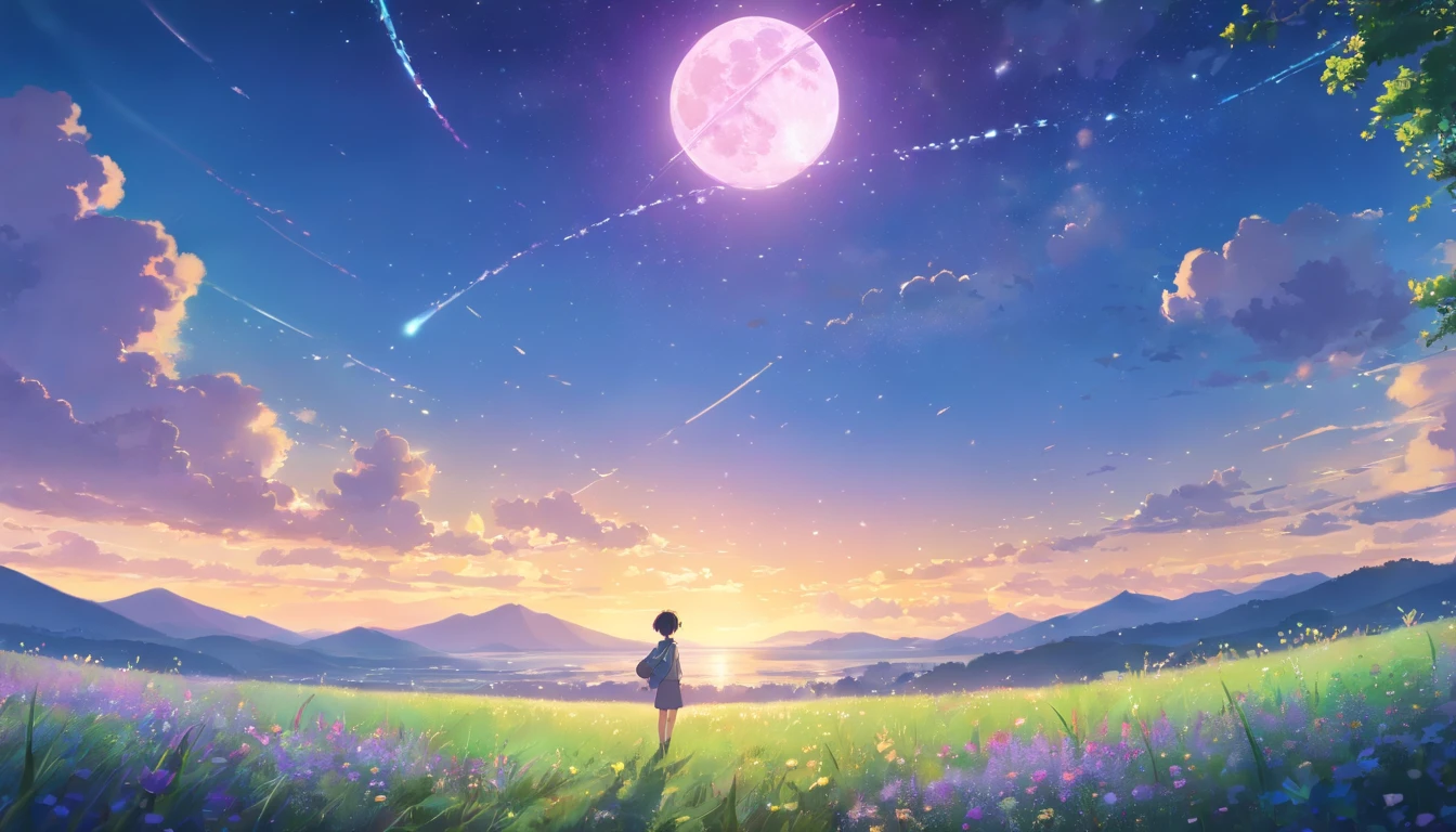 Makoto Shinkai, Expansive landscape photograph , (View from below，Displays the sky above and the clearing below), a BOY standing on flower field looking up, (full moon:1.2), ( meteors:0.9), (Starcloud:1.3), Far Mountain, Tree BREAK Production Art, (Warm light source:1.2), (Firefly:1.2), lamp lights, Lots of purple and blue, Intricate details, Volumetric lighting BREAK (Masterpiece:1.2), (Best quality), 4K, Ultra-detailed, (Dynamic composition:1.4), Highly detailed, Colorful details,( Iridescent colors:1.2), (luminouslighting, Atmospheric lighting), Dreamy, magical, (Solo:1.2)