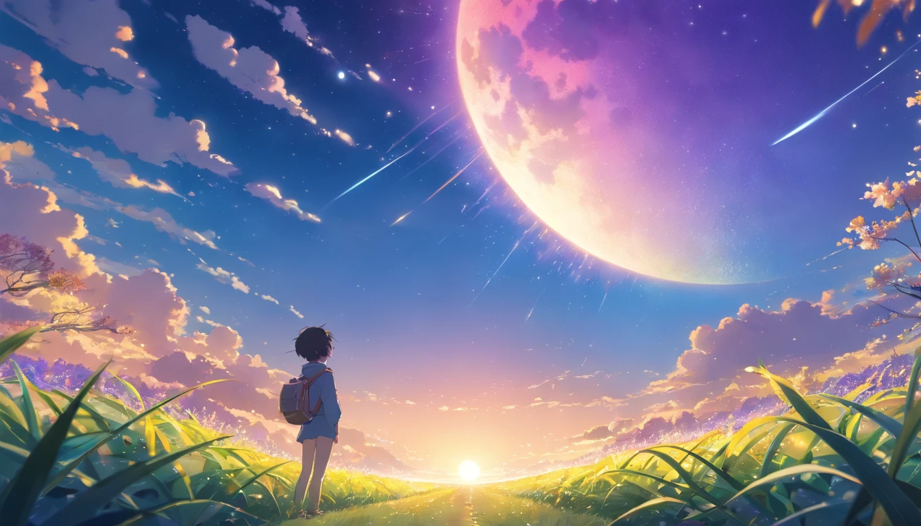 Makoto Shinkai, Expansive landscape photograph , (View from below，Displays the sky above and the clearing below), a BOY standing on flower field looking up, (full moon:1.2), ( meteors:0.9), (Starcloud:1.3), Far Mountain, Tree BREAK Production Art, (Warm light source:1.2), (Firefly:1.2), lamp lights, Lots of purple and blue, Intricate details, Volumetric lighting BREAK (Masterpiece:1.2), (Best quality), 4K, Ultra-detailed, (Dynamic composition:1.4), Highly detailed, Colorful details,( Iridescent colors:1.2), (luminouslighting, Atmospheric lighting), Dreamy, magical, (Solo:1.2)
