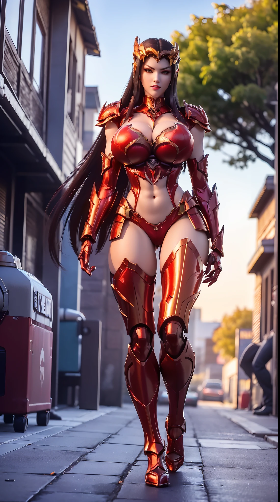 (1GIRL), (ssmile, red_libs, dark_hair), (phoenix mecha helmet:1.2), (BIG BUTTOCKS, HUGE BOOBS:1.4), (PHOENIX MECHA GUARD ARM, GLOVES:1.3), (red, MECHA CYBER SHINY ARMORED SUIT, PHOENIX FEATHER CAPE, CLEAVAGE, MECHA SKINTIGHT HOTPANTS, GUARD ARMOR LEGS, HIGH HEELS:1.4), (NSFW MUSCULAR BODY, SEXY LONG LEGS, FULL BODY:1.5), (MUSCLE ABS:1.2), (LOOKING AT VIEWER:1.2), (WALKING DOWN ON STREET CHERRY TREES IN THE MORNING:1.2), PHYSICALLY-BASED RENDERING, ULTRA HIGHT DEFINITION, 16K, 1080P.