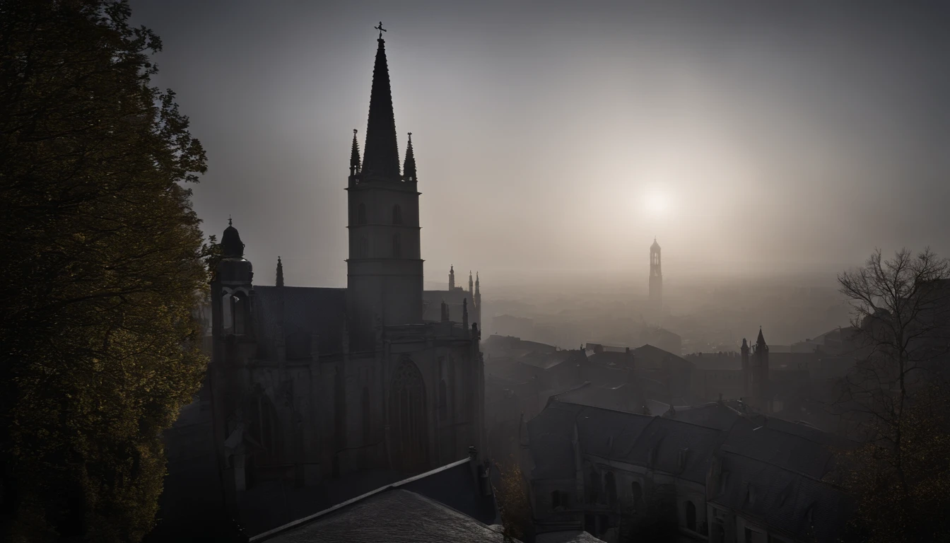 Genera una imagen de una ciudad de pesadilla en la que la luna llena se alza sobre las torres retorcidas y los callejones oscuros. The streets are cobbled and shrouded in fog, y las sombras se mueven inquietantemente entre los edificios. En lo alto, A Gothic church stands imposingly, with sinister gargoyles and windows with broken stained glass. Los habitantes de la ciudad parecen estar embrujados, with threadbare clothes and haggard faces, Wandering the streets in search of something they'll never find. En el centro de la ciudad, un gran reloj antiguo marca la hora con un sonido ominoso, mientras criaturas retorcidas y monstruosas acechan en las sombras. The atmosphere is full of tension and mystery, y la ciudad parece estar atrapada en un eterno anochecer lleno de peligro y oscuridad.