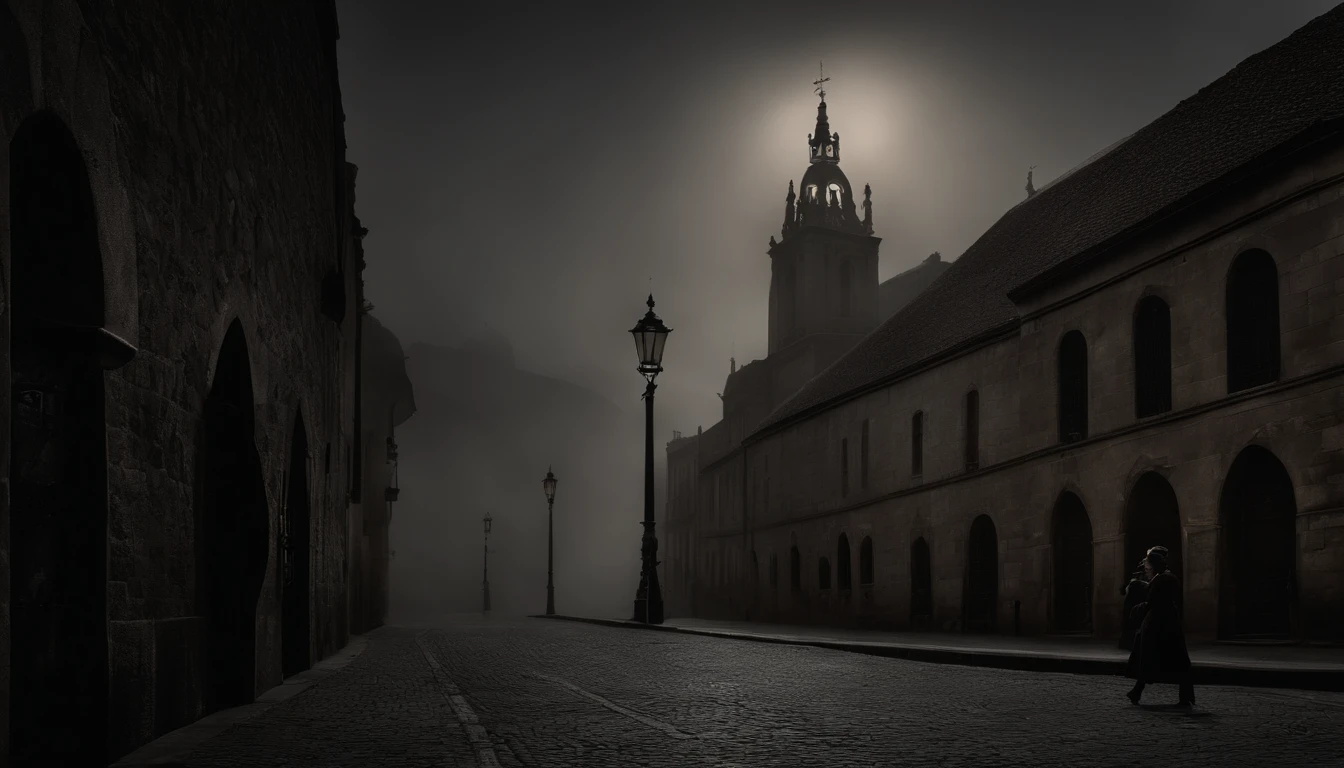 Genera una imagen de una ciudad de pesadilla en la que la luna llena se alza sobre las torres retorcidas y los callejones oscuros. The streets are cobbled and shrouded in fog, y las sombras se mueven inquietantemente entre los edificios. En lo alto, A Gothic church stands imposingly, with sinister gargoyles and windows with broken stained glass. Los habitantes de la ciudad parecen estar embrujados, with threadbare clothes and haggard faces, Wandering the streets in search of something they'll never find. En el centro de la ciudad, un gran reloj antiguo marca la hora con un sonido ominoso, mientras criaturas retorcidas y monstruosas acechan en las sombras. The atmosphere is full of tension and mystery, y la ciudad parece estar atrapada en un eterno anochecer lleno de peligro y oscuridad.