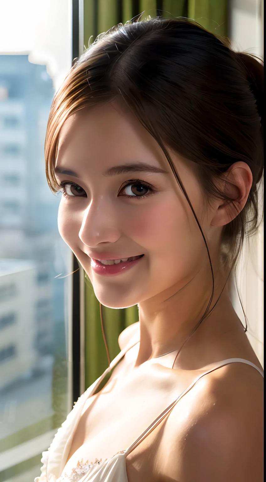 (A hyper-realistic), (hight resolution), (8K), (ighly detailed), (beatiful detailed eyes), (top-quality), (ultra-detailliert), (masterpiece), (Detailed face), selfee、Simple white bikini girl, japanes, Colossal tits, Smile, Pony tail, Hotel room, morning hour、face of emma watson、bookcase、houseplant、the morning sun
