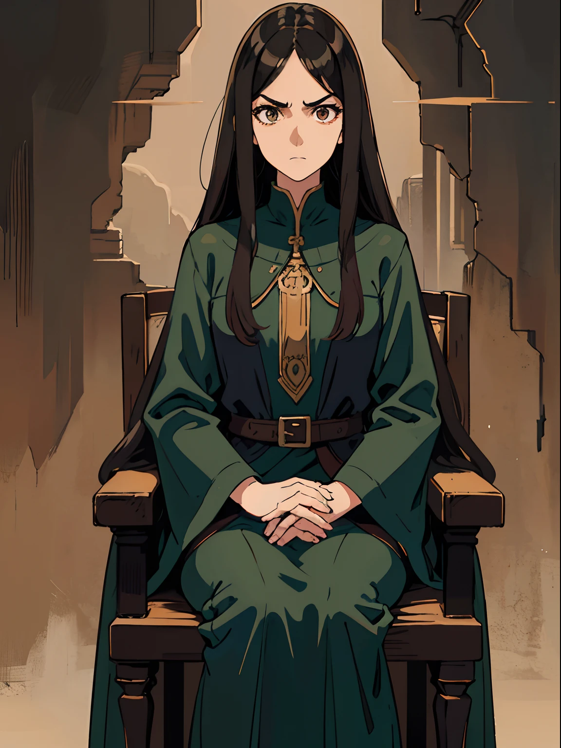 middle part very long messy black hair flowing, tall, adult woman mage, thick eyebrows, long face, serious pensative look, annoyed, dark brown eyes, eyebags lines, detailed face, dark green clothes, long tunic, flat chest, tied to a chair, dungeon background, detailed background, hi res, fantasy