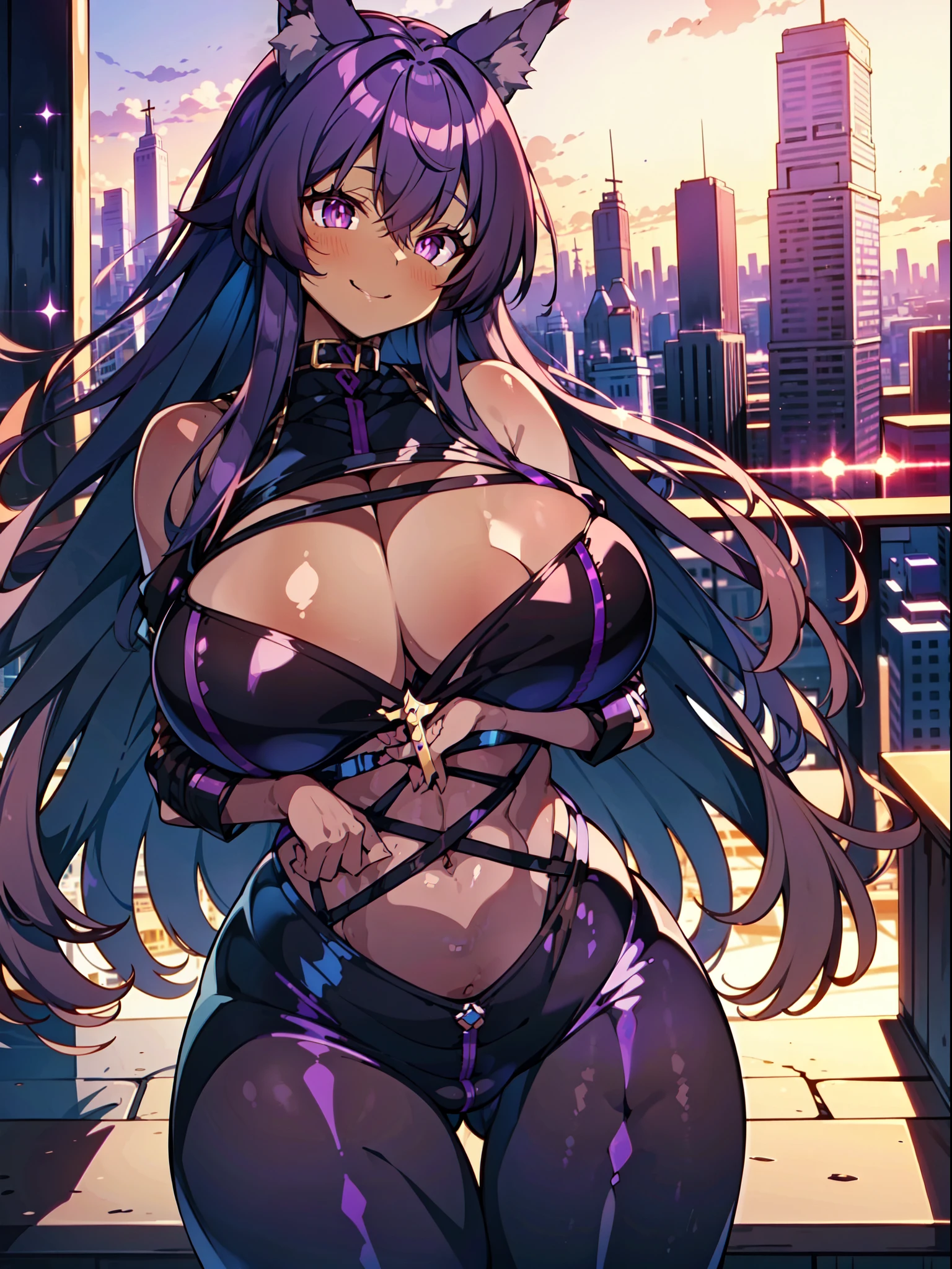 masterpiece, best quality, extremely detailed, anime art style, 1girl, mature female, solo, (dark brown skin:1.6), Delta, (huge breasts:1.2), ((black hair, long hair, purple eyes, slit pupils, wolf ears, wolf tail)), parted lips, ((latex bikesuit, skin tight, shiny, skindentation, cross-laced, navel, black gloves)), light smile, closed mouth, standing, ((futuristic cityscape))