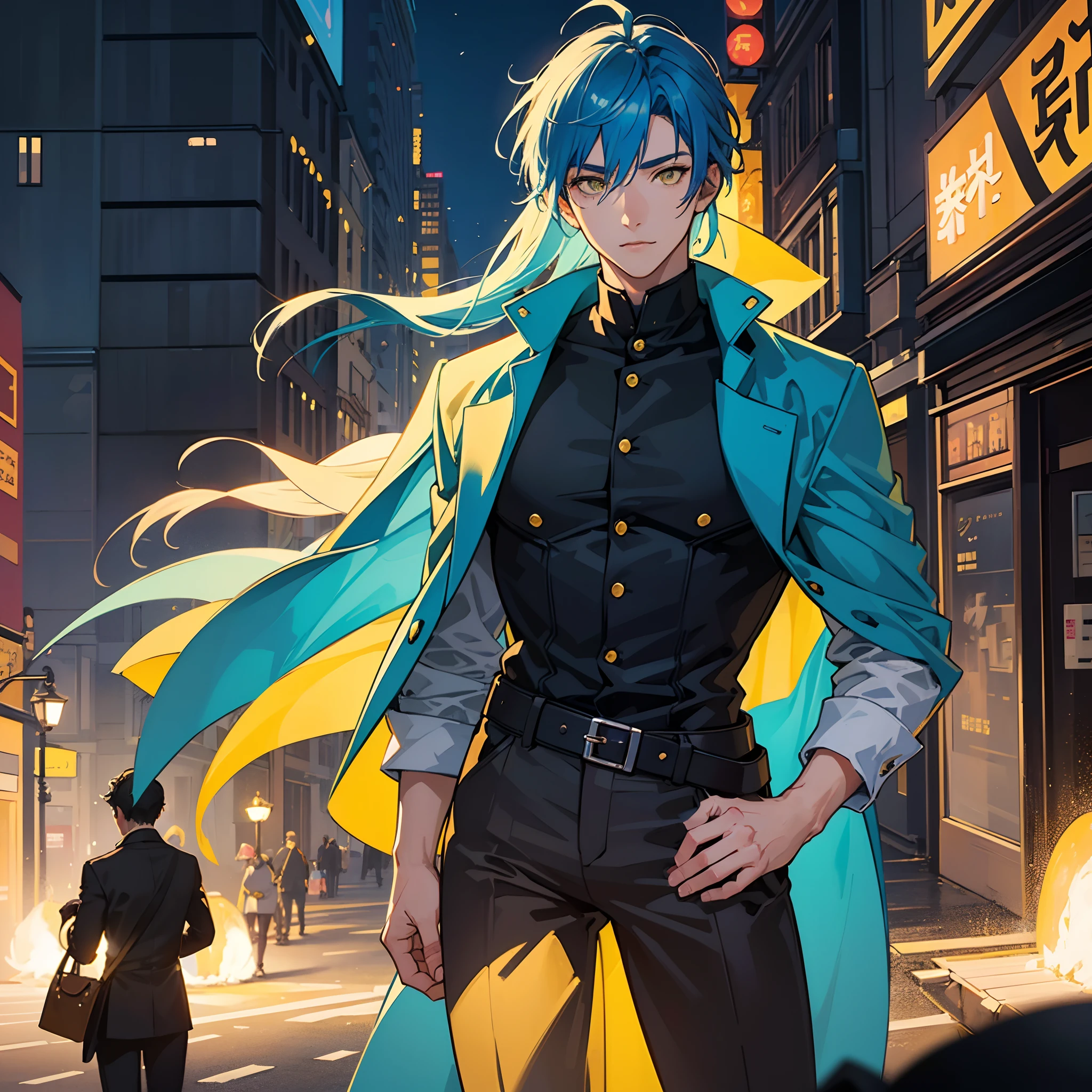 (best quality,4k,8k,highres,masterpiece:1.2),ultra-detailed,realistic,anime,portraits,blue hair,yellow eyes,playful expression,man,colourful background,exaggerated facial features,vibrant colors,shading,character design,handsome features,bright lighting,stylized hair,fantasy setting,comic style poses,supernatural aura,whimsical atmosphere,crisp lines,expressive eyes,sparkling gaze,lively personality,emotionally engaging,artistic composition,attention to detail,manga-influenced aesthetics,eye-catching,energetic movements,playful interaction,joyful ambiance,confident posture,magical elements,unique fashion style,alluring charm,captivating smile