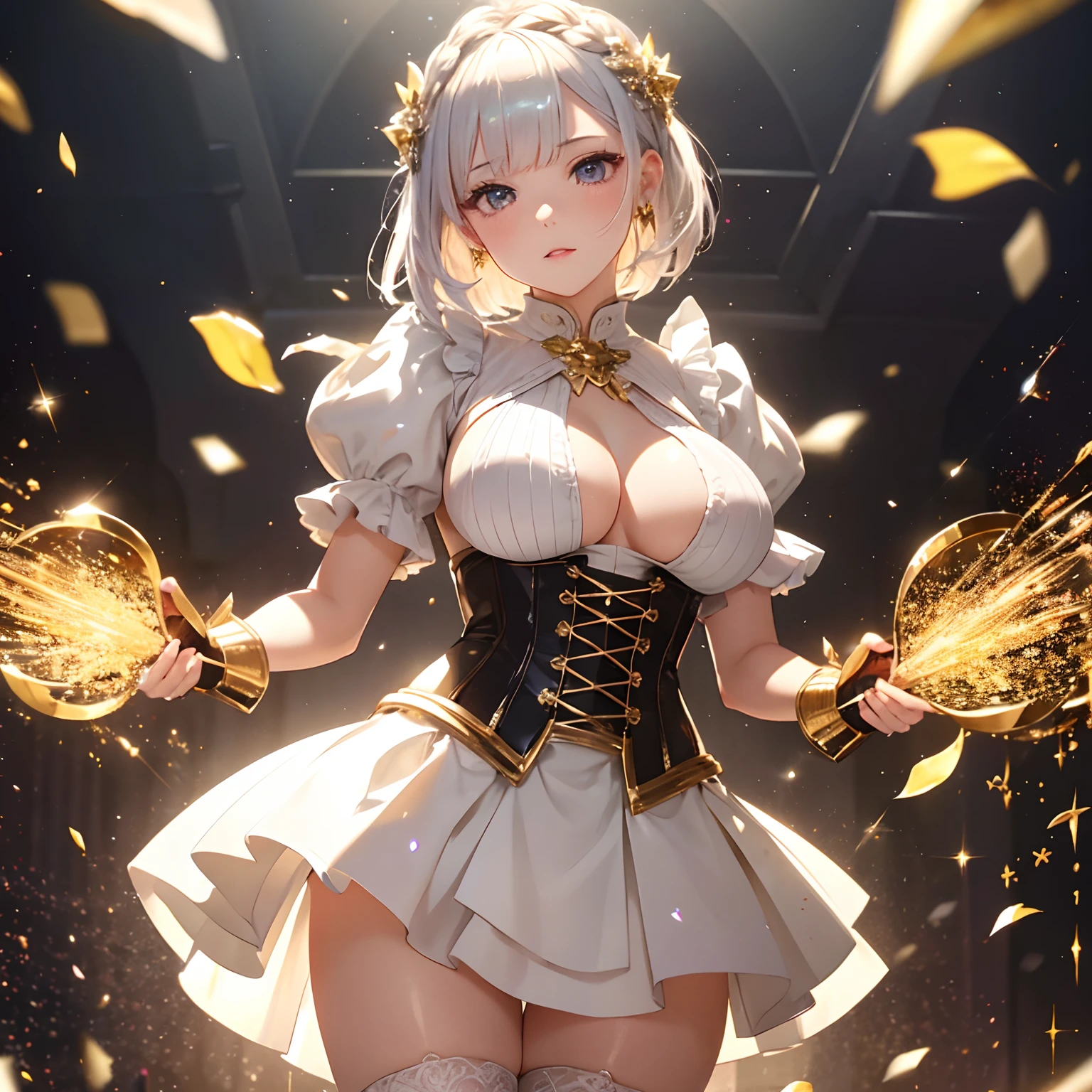 finest image, portrait, beautiful cute woman, amorous expression, lewd expression, white braided bangs iridescent hair, short hair, gold sparkling big eyes, red alluring moist big thick lips, large breasts, slender, perfect proportion, corset dress, skirt lift, black knee high socks, thighs, background fantasy, that emits fantastic light, light particles, light sparkles, petals, scatter gold and silver glitter and confetti, iridescent light particles, detailed and delicate depiction, professional lighting