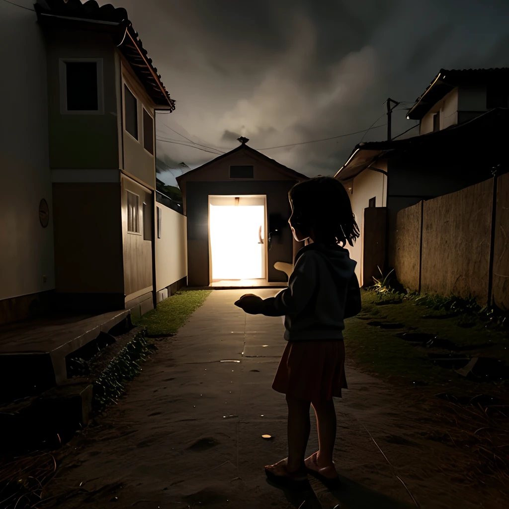 do lado de fora de Uma casa velha e descastada, de filmes de terror, Low-light background, Outside put a child  (menina)entrando na casae  seguindo uma borboleta vermelha, que brinha, e um menino, tipo uma alma(Your Imaginary Friend), seguindo a meniniha.