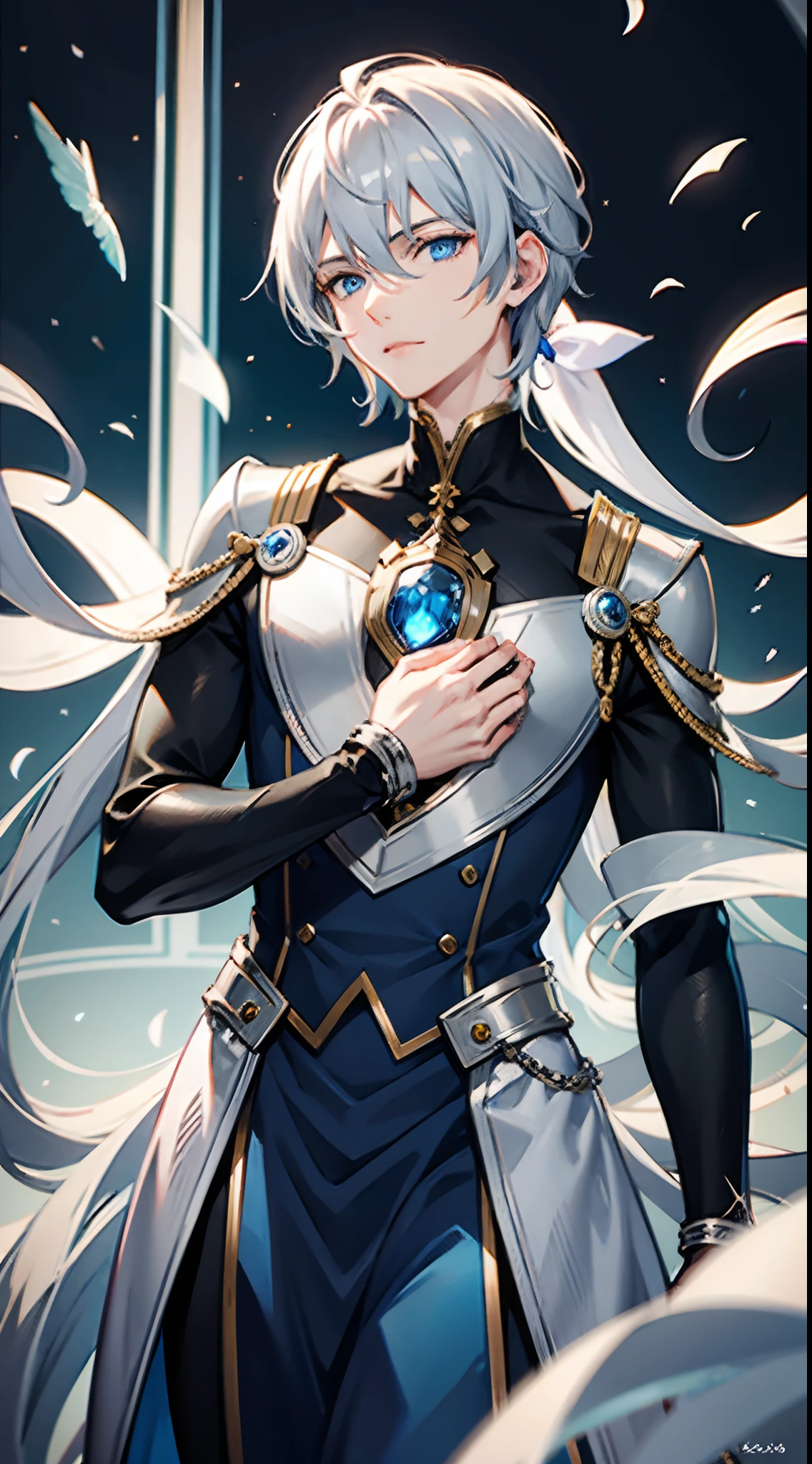 ((Best Quality, in 8K, male people, Seen from the front,masuter piece :0.5)), 1 Neutral man in fantasy courtesy dressed in blue and silver tones, (One head, Two arms, I don't have anything in my hands, Silver shorthair, Blue eyes, I'm in love with, glad,),