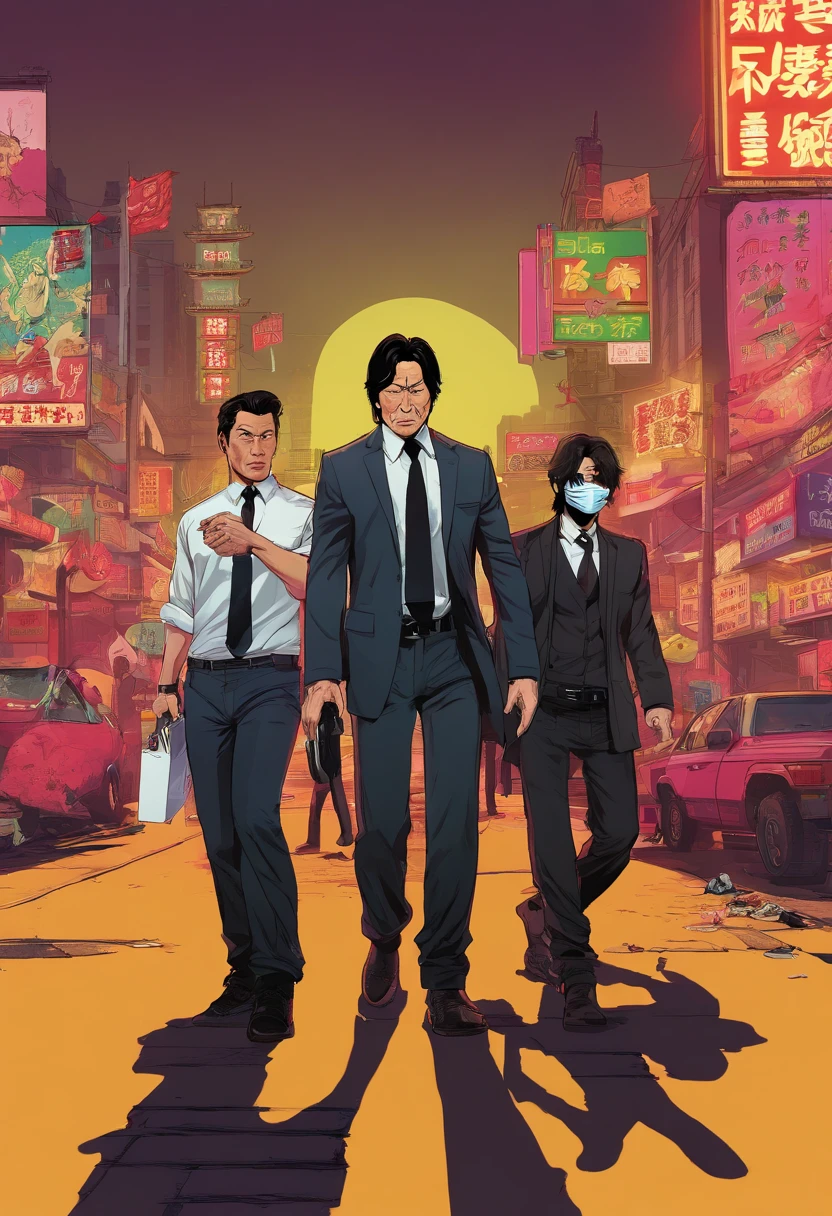 jackie chan with white shirt and black tie on the center, masked yakuza japanese man with long hair wearing a black suit hiding the face with a black mask covering the mouth in the left and marvel's matt murdock wearing black clothes on the right, walking on a dark street in Chinatown, full body