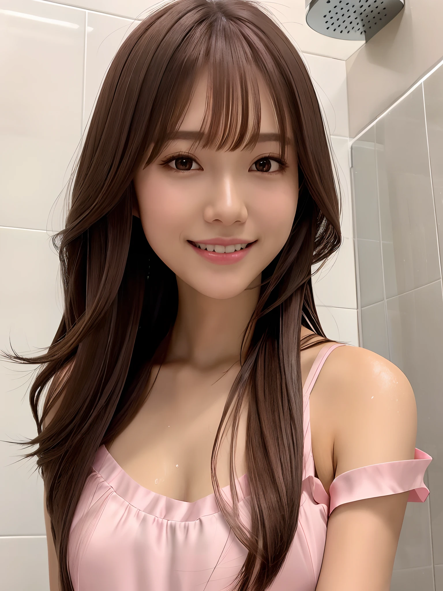 product quality, 1 girl, an upper body shot, front view, a Japanese young pretty girl, long bob hair, taking a shower in a luxury shower room in the night, a big smile, glamorous figure, wearing a satin pink camisole, wearing a shiny satin white underwear, hyper cute face, glossy lips, double eyelids for both eyes, natural makeup, shiny smooth light brown long bob hair, asymmetrical bangs, central image, high resolution, high detailing, detailed hairstyle, detailed face, cinematic lighting, octane rendering, vibrant, hyper realistic, perfect limbs, perfect anatomy