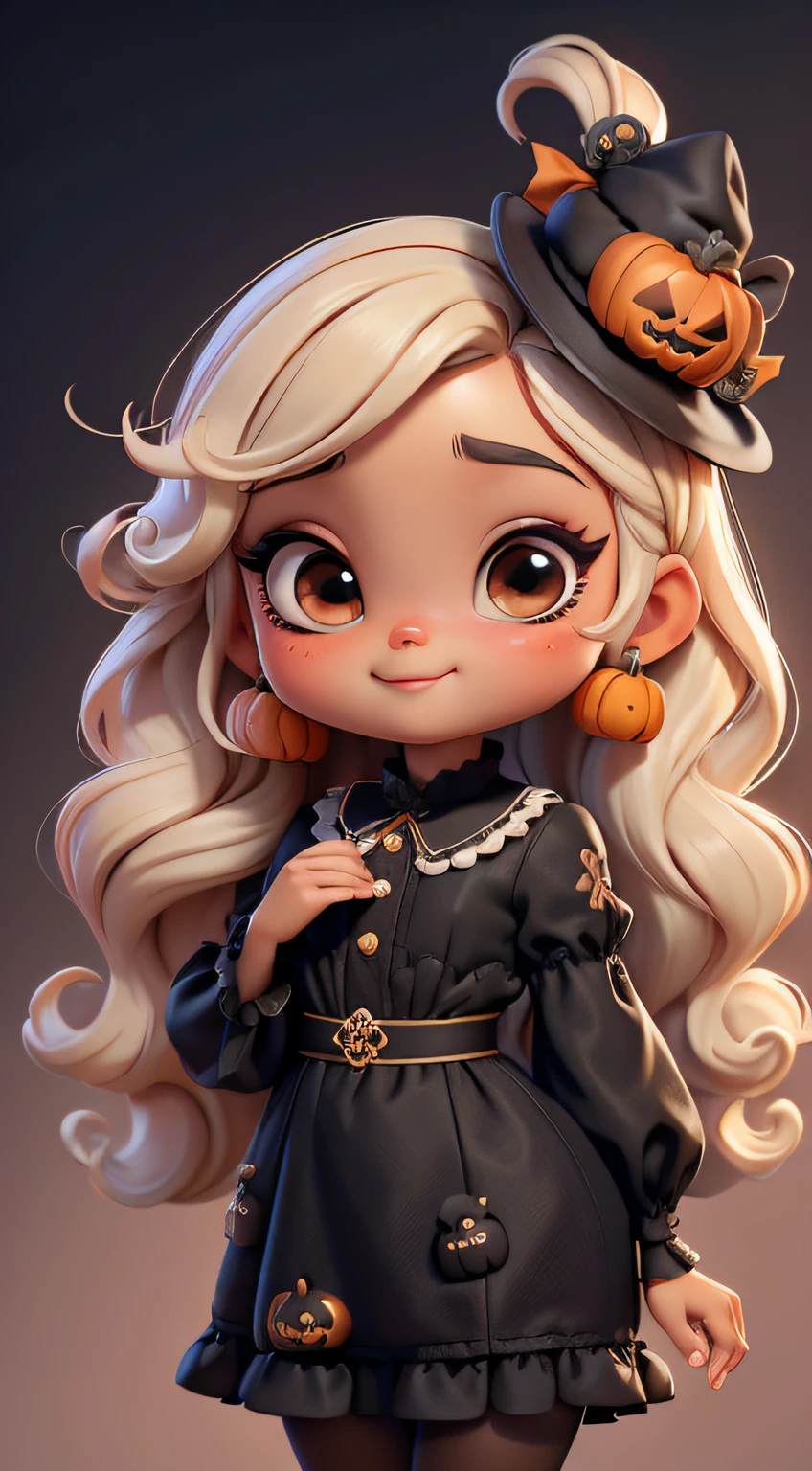 Create a series of cute chibi baby kid brown skin style dolls with a cute halloween theme, each with lots of detail and in an 8K resolution. All dolls should follow the same solid background pattern and be complete in the image, mostrando o (corpo inteiro, incluindo as pernas: 1.5) Boneca Mini halloween: Chame-a de Marina. Ela deve ter cabelos longos e encaracolados, em preto, dourado e laranja pastel. Seus olhos devem ser grandes e expressivos, with long eyelashes and rosy cheeks. Sorriso delicado e branco. Marina deve estar vestida de vestido preto e dourado, an ornate hat. She should bring halloween accessories. Certifique-se de adicionar detalhes nas roupas, such as buttons and pockets, sapato bonito Certifique-se de adicionar sombras, texturas e detalhes nos cabelos, roupas, Halloween utensils, to make them even more adorable and charming.