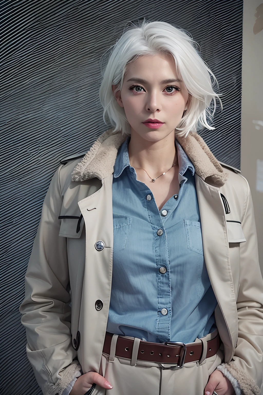 White-haired 36-year-old woman stands in front of the camera and makes eye contact, Without a trench coat and pants, Without underwear, Six-pack, blue eyess , 8K, high resolucion