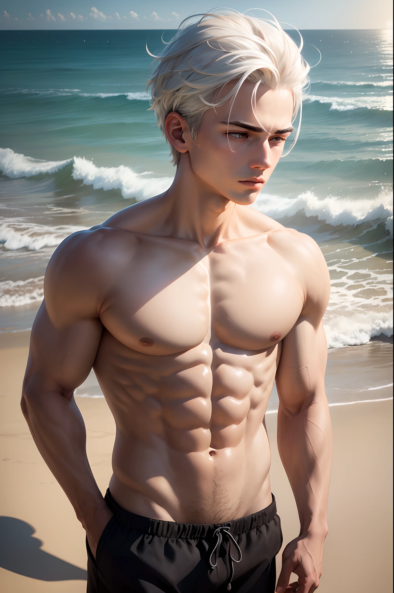 (Extremely detailed and high-quality illustrations),(Best lighting and shadow effects, Ultra-realistic), beach, Young man with wheat complexion and short light white hair, Looking at the sea with a contemplative expression,musculature