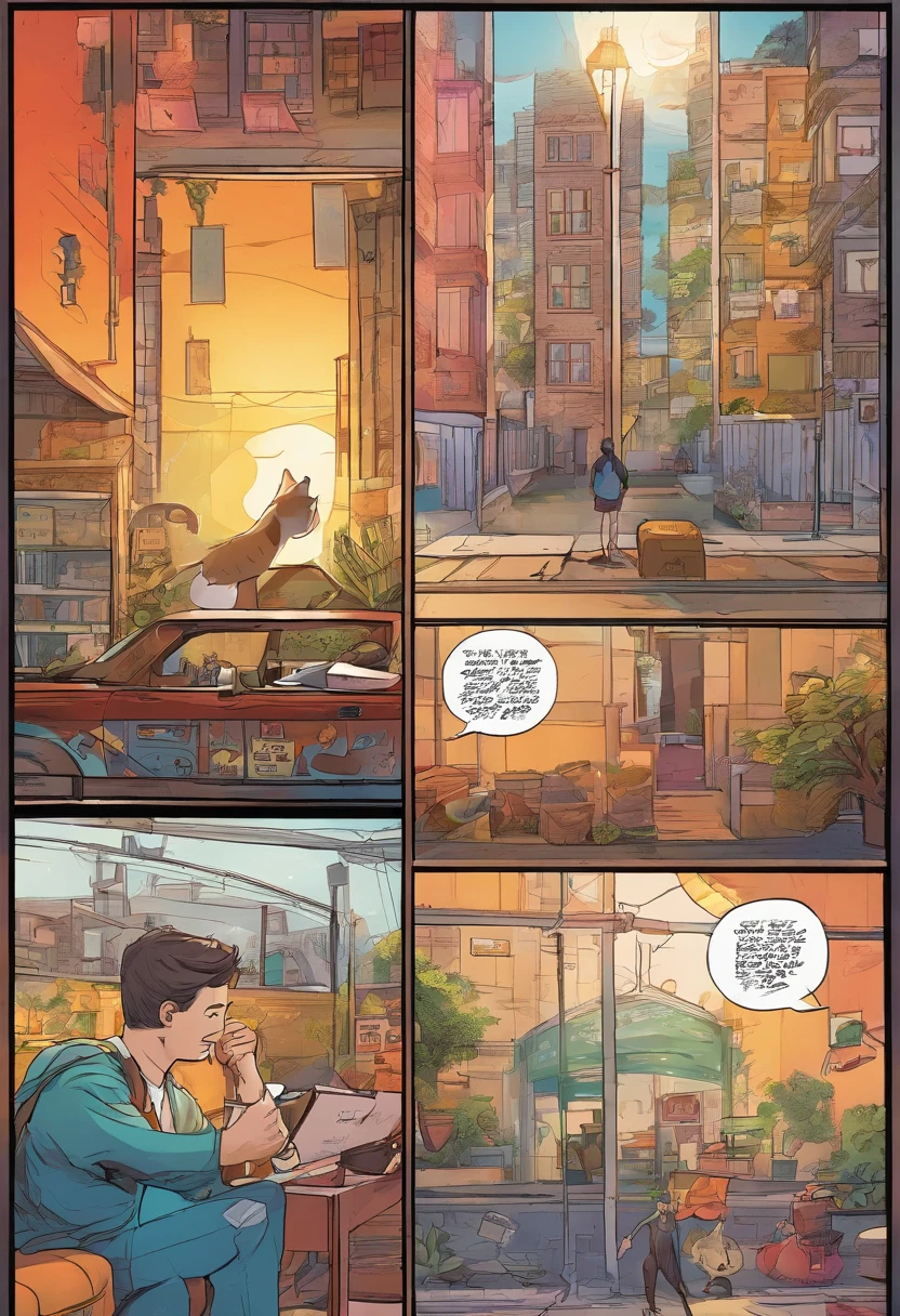 American comic, Comic Story、Displayed in multiple colored irregular panels. American Shorthair cat experiences hardship while running away from home、Reunited with the owner. Style is exaggerated、Details