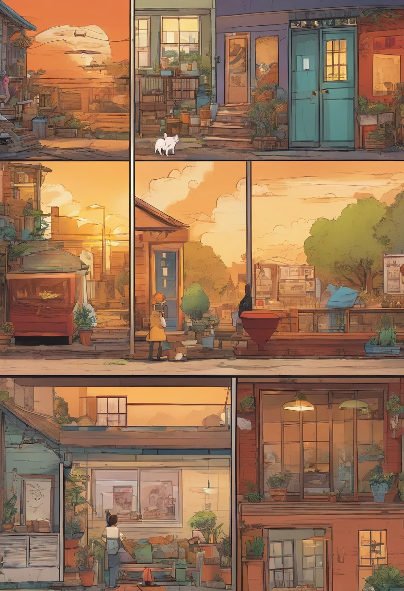 American comic, Comic Story、Displayed in multiple colored irregular panels. American Shorthair cat experiences hardship while running away from home、Reunited with the owner. Style is exaggerated、Details