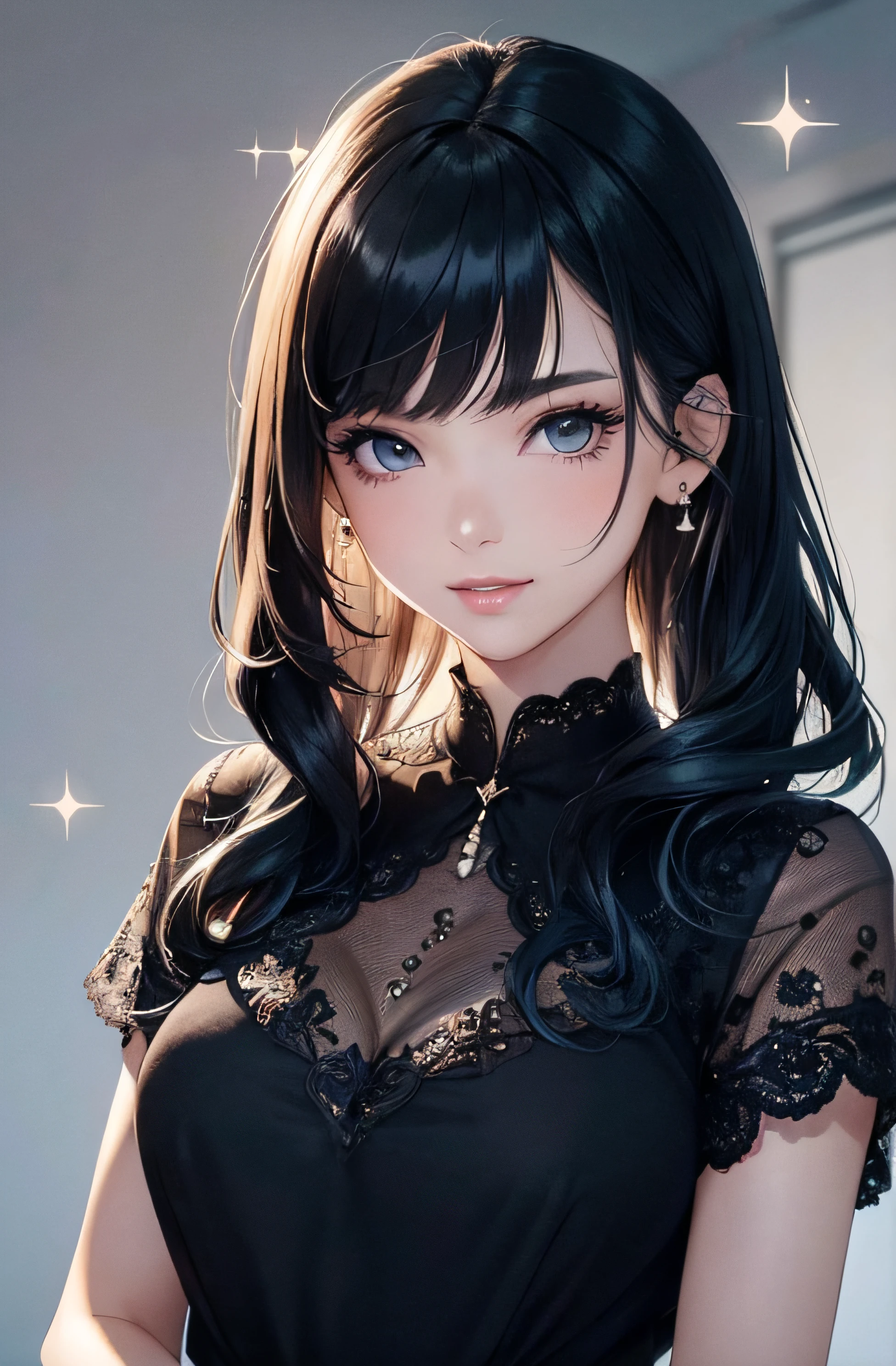 (A photo of upper body), Beautiful face, Highly detailed face and skin texture, (Detailed eyes), Brown eyes, Double eyelids, Thin eyebrows, Glitter eyeliner: 1.2, Natural cheeks, Shiny skin, Fair skin, (((with blouse))), (Shiny lips: 1. 4), (Seductive smile), (20 years old), (Wavy hair, Diagonal bangs), ((black and blue hair)),long mid hair, ((Upper body shot)), ((Focus on chest and face)), Medium large breasts, Upturned breasts.