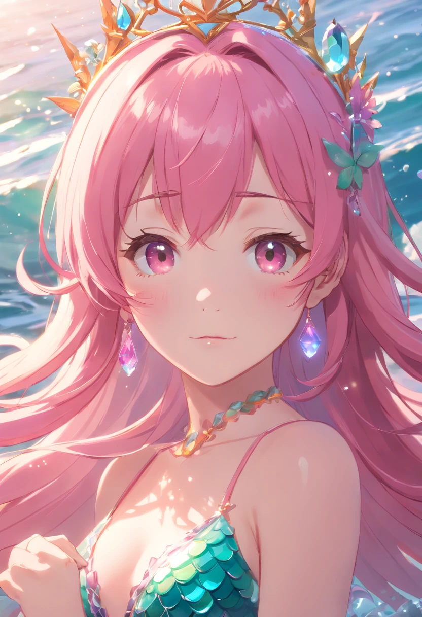 ACG 3D rendering,Pink hair, estrus, mermaid, exposed, Dreamy, Intricate details, 8k loli embellishment tiara,Pop on the art stage Imperial Sisters