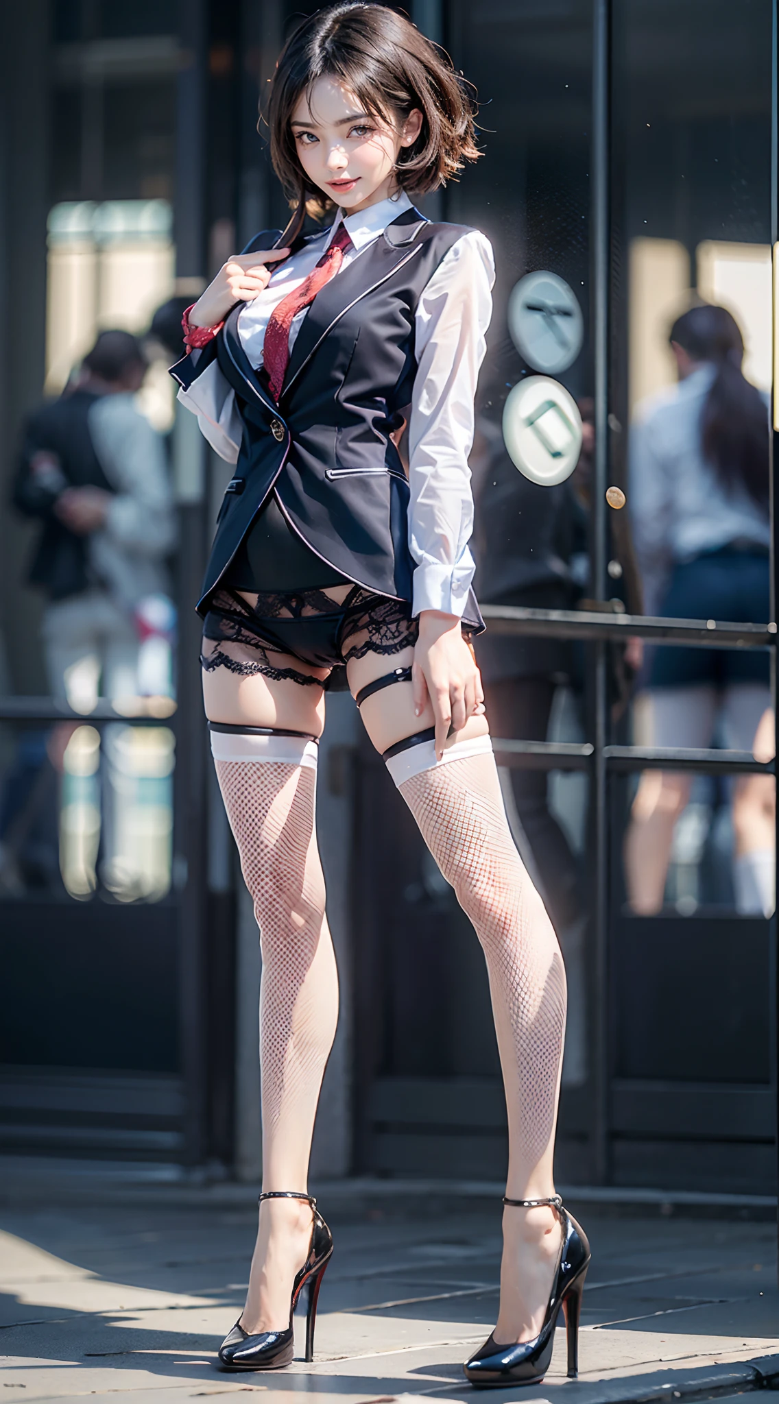 Office Lady, Business suit jacket, Blouse with white collar, ((The lower part of the body is bare)), Small panties with lace, Smiling smile, (The FW), 1womanl, 独奏, 24 year old, 7headed body, (Ideal ratio body proportions), (Composition from head to thigh), erectile nipple, Sexy body, Wet, short-hair, A dark-haired, small tits, A slender, Small buttocks, beauty legs, Skinny Legs, surrealism, Cinematic lighting, depth of fields, One-person viewpoint, F/1.8, 135 mm, nffsw, masutepiece, ccurate, ((Anatomically correct)), Textured skin, Super Detail, high details, High quality, awardwinning, Best Quality, hight resolution, 8K