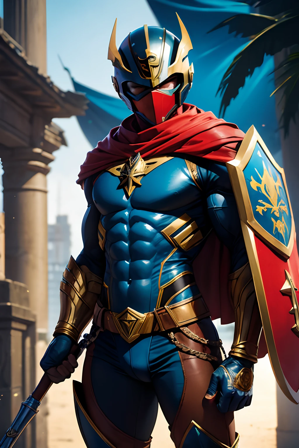 Tira de quadrinhos inspirada na arte de David Finch,A closeup of a Brazilian superhero wearing an emblematic mask and helmet, cintura delgada, ombros largos, Superhero uniform with white colors, preto, vermelho,e azul, holding a shield with the flag of the state of São Paulo, espirito determinado e poderoso, (corpo inteiro projetado na imagem) hero's name: Guardian Paulista(SFW)