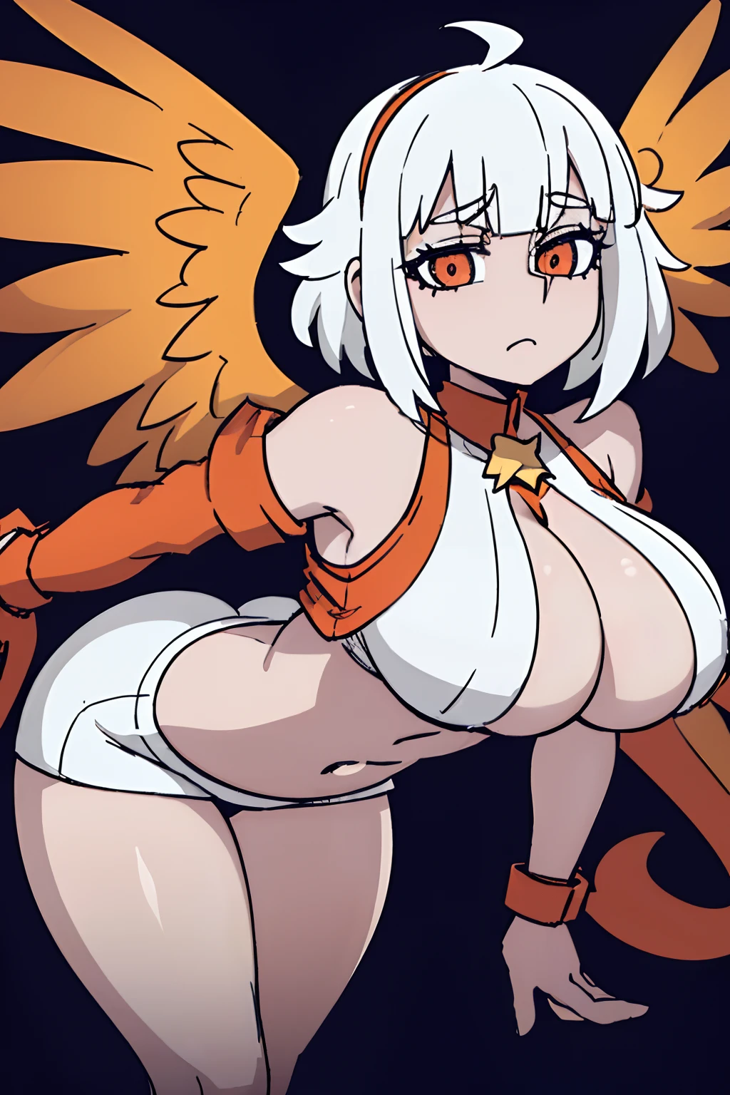 feathered wings 1girl, ((masterpiece), best quality, expressive eyes, perfect face beautiful girl, beautiful eyes, stunning eyes, feminine, defined curves, cinematic, aesthetic, gorgeous, amazing, cute girl (busty) big breast and ass barefoot (orange eyes), (star-shaped pupils), streaked hair, jacket crop top, detached sleeves, white hair defined abdomen booty shorts (butt crack slipping out of shorts)