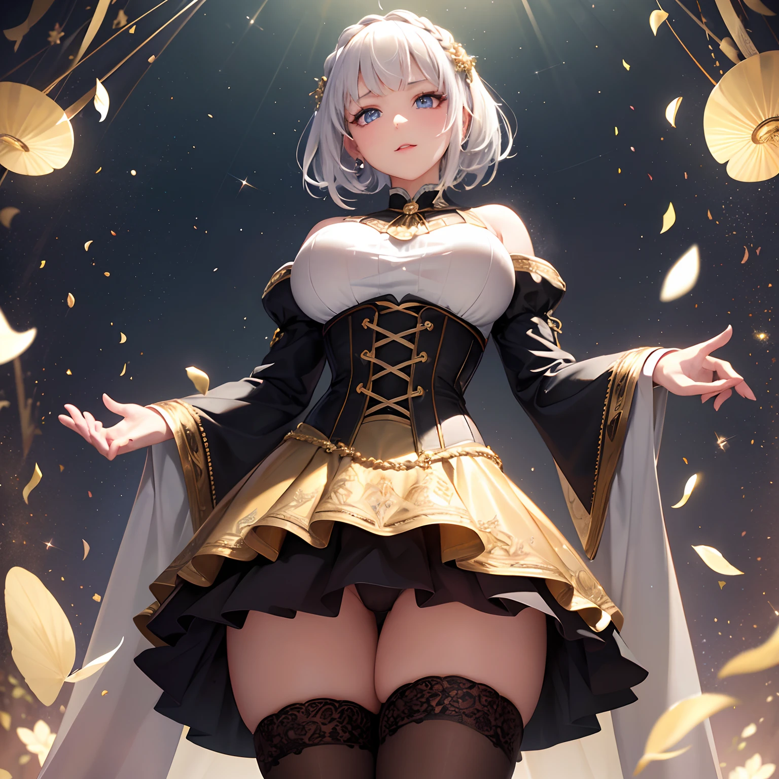 finest image, portrait, beautiful cute woman, amorous expression, lewd expression, white braided bangs iridescent hair, short hair, gold sparkling big eyes, red alluring moist big thick lips, large breasts, slender, perfect proportion, corset dress, skirt lift, black knee high socks, thighs, background fantasy, that emits fantastic light, light particles, light sparkles, petals, scatter gold and silver glitter and confetti, iridescent light particles, detailed and delicate depiction, professional lighting