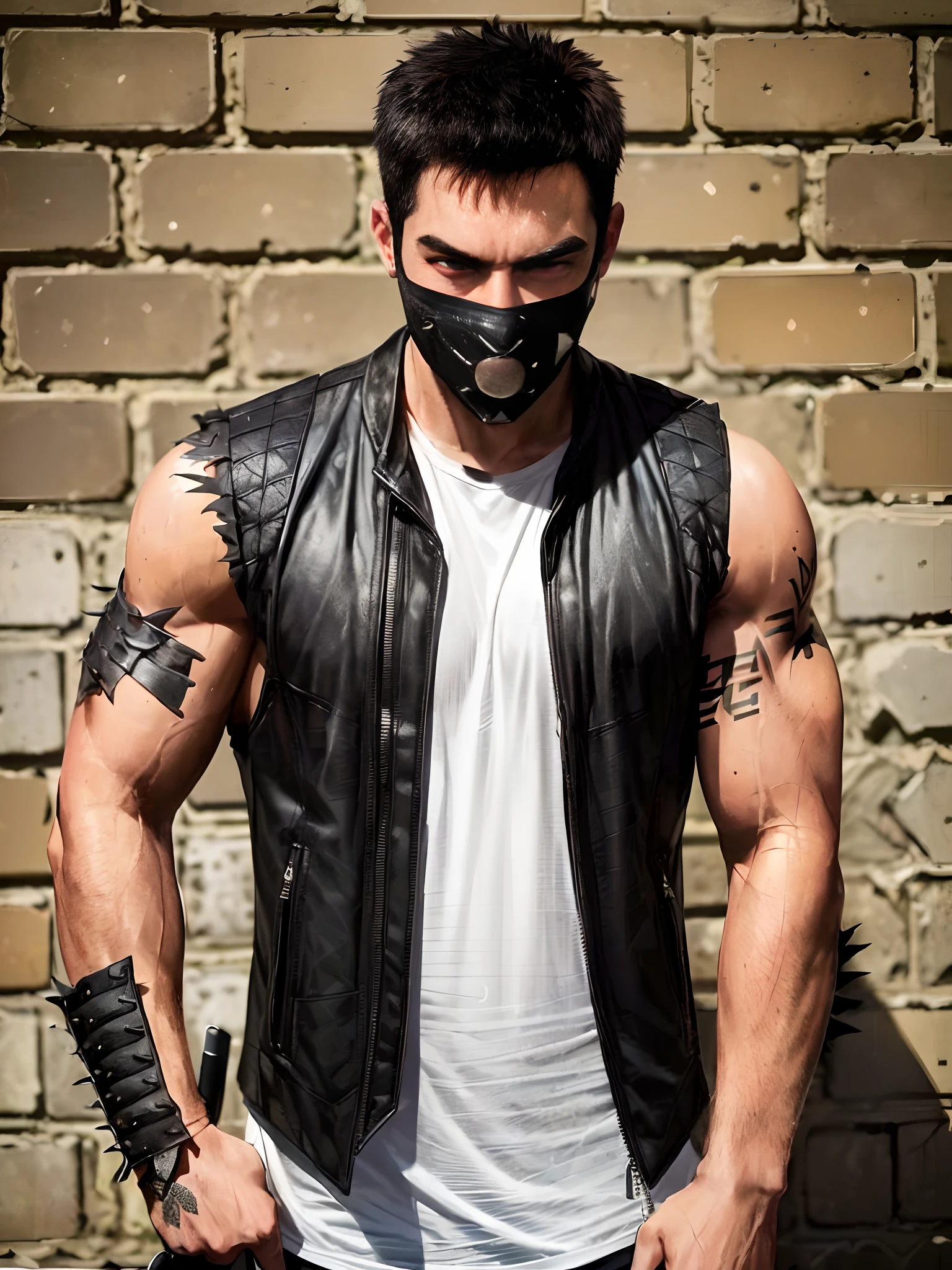 The Arafed man in a black leather vest and mask stands on a brick wall, wearing leather armored vest, wearing leather assassin armor, character from mortal kombat, dressed in black body armour, wearing a black leather vest, johnny silverhand, strong fighter in leathers, Urban Samurai, attractive male with armor, black leather costume, picture of an adult male warrior