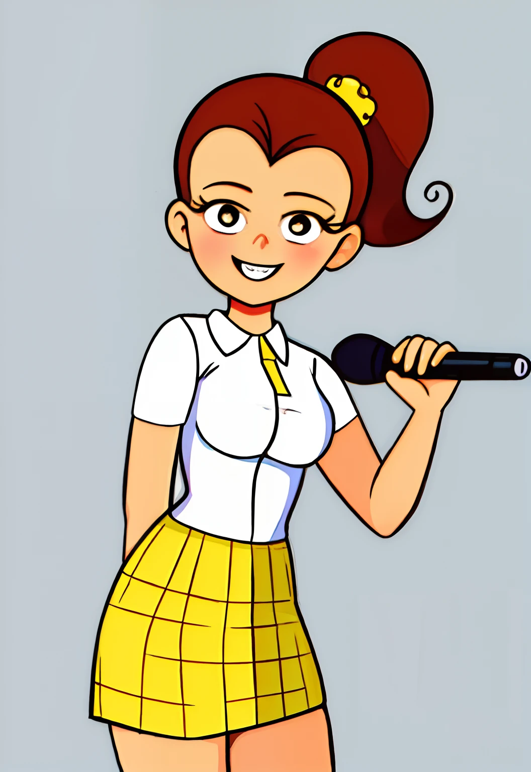 (masterpiece:1.4), (best quality:1.4), (high resolution:1.4), cartoon style, LuanLoud smile, brown hair, pale skin, cowboy shot, white shirt, yellow mini skirt, looking at viewer, detailed face, detailed eyes, small breasts, curvy, ribbon, ponytail, buckteet, artstation female body, from the front, dynamic pose, solo, 1girl, standing on stage, spotlight, holding a microphone