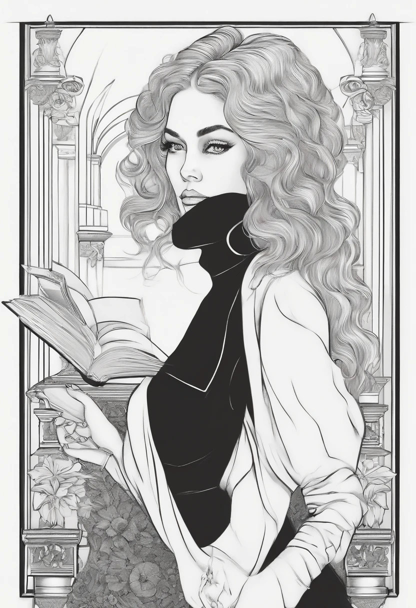 ((B&Em lineart)), ((2D)), mouse bonito, menina sentada lendo um livro,  preto e branco, linhas onduladas, arte de linha realista, livro para colorir, fundo branco, no noise, sharp thick lines, (((sketch art)), imagem central, isolado no fundo branco --v 4 - -ar2
