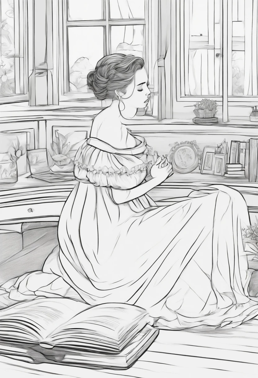 ((B&Em lineart)), ((2D)), mouse bonito, menina sentada lendo um livro, preto e branco, linhas onduladas, arte de linha realista, livro para colorir, fundo branco, no noise, sharp thick lines, (((sketch art)), imagem central, isolado no fundo branco --v 4 - -ar2