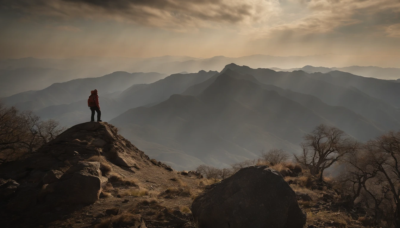 In the twilight sky、It depicts a figure on the way to the top of the mountain。He was number on his journey to the summit.々It can be seen that we have faced the difficulties of。That he is now、I'm holding my breath for a moment.、Never give up。A steep mountain road stretches out at his feet.、It reflects his hard work and hard work.。however、His face is full of determination and courage、Hope for the future is felt。
