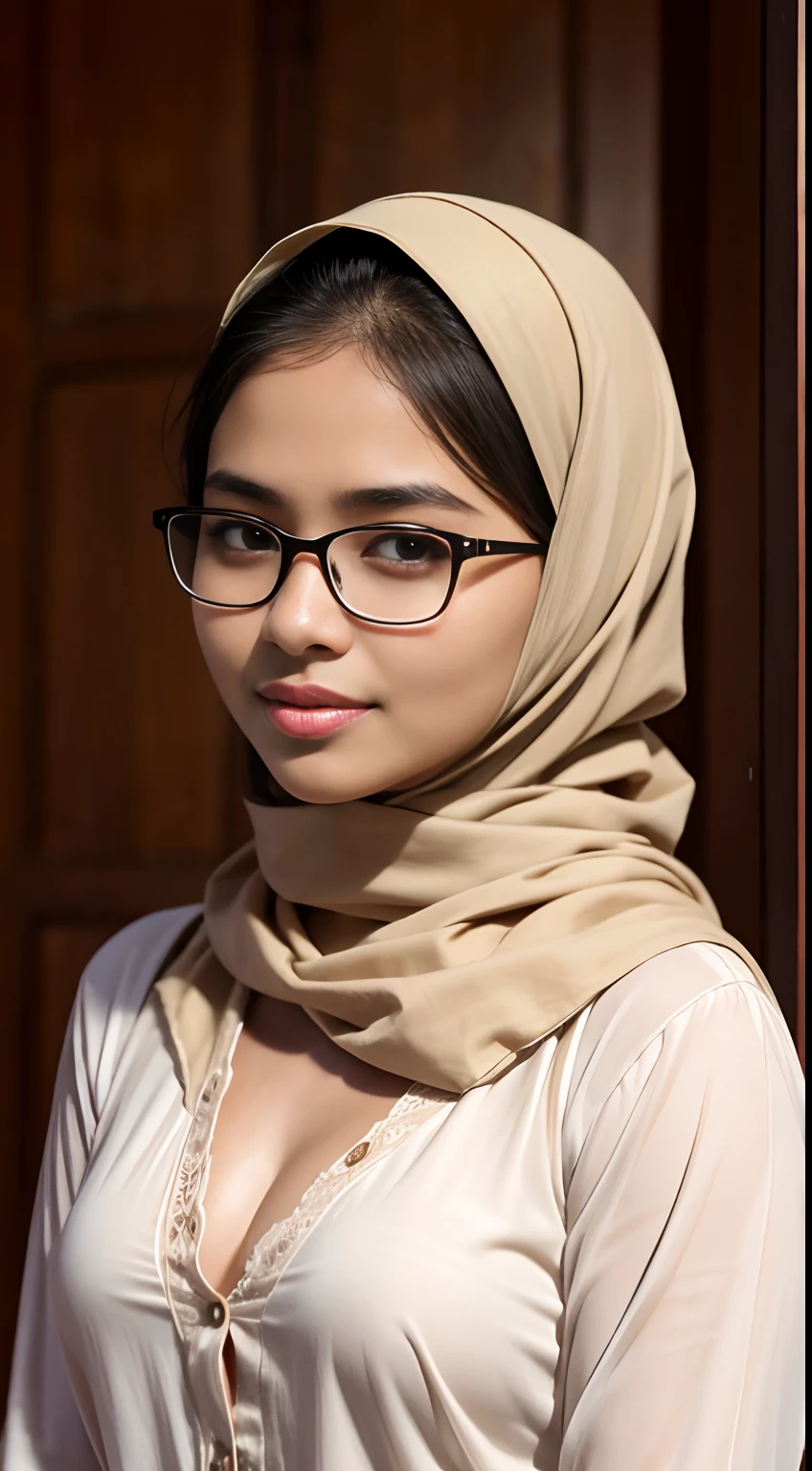 naughty, (iu:0.8),cleavage, RAW, Best quality, high resolution, Masterpiece: 1.3, Beautiful glasses pearl_skinned sexy hijabi malay dressed as naughty_nun, Masterpiece, Soft smile