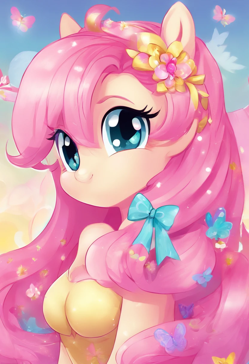 cartoony,Fluttershy,adorable,cartoon,magenta,soft pastel colors,bright and vibrant,baby blue lingerie,pink hair,shy expression,kind eyes,shy smile,small wings,peaceful and serene background,whimsical artwork,artistic strokes,stylized details,clear outline,dreamlike atmosphere,pleasant lighting,soft and warm shadows, cute pony girl, my little pony, pegasus.