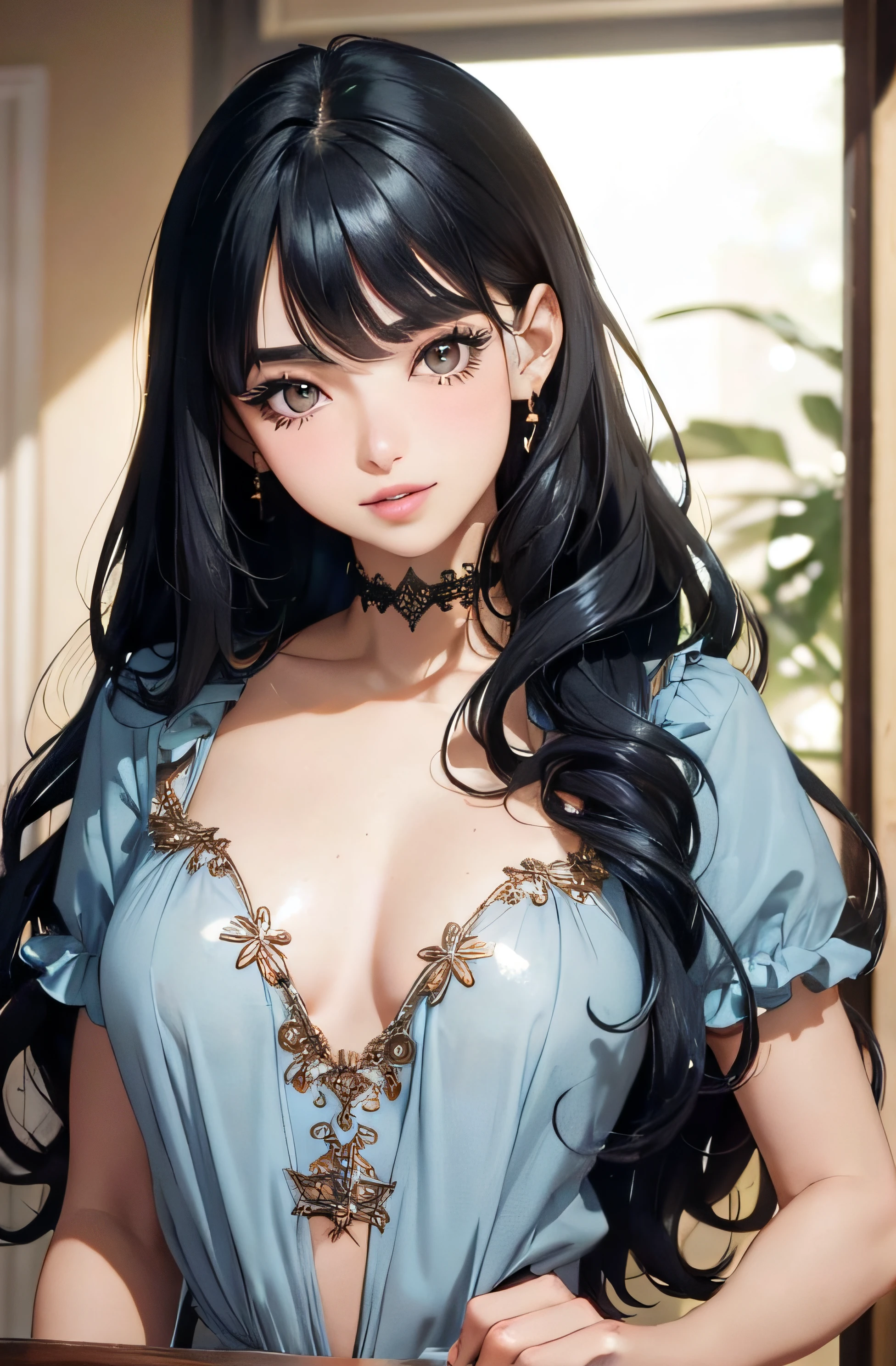 (A photo of upper body), Beautiful face, Highly detailed face and skin texture, (Detailed eyes), Brown eyes, Double eyelids, Thin eyebrows, Glitter eyeliner: 1.2, Natural cheeks, Shiny skin, Fair skin, (((with blouse))), (Shiny lips: 1. 4), (Seductive smile), (20 years old), (Wavy hair, Diagonal bangs), ((black and blue hair)),long mid hair, ((Upper body shot)), ((Focus on chest and face)), Medium large breasts, Upturned breasts.