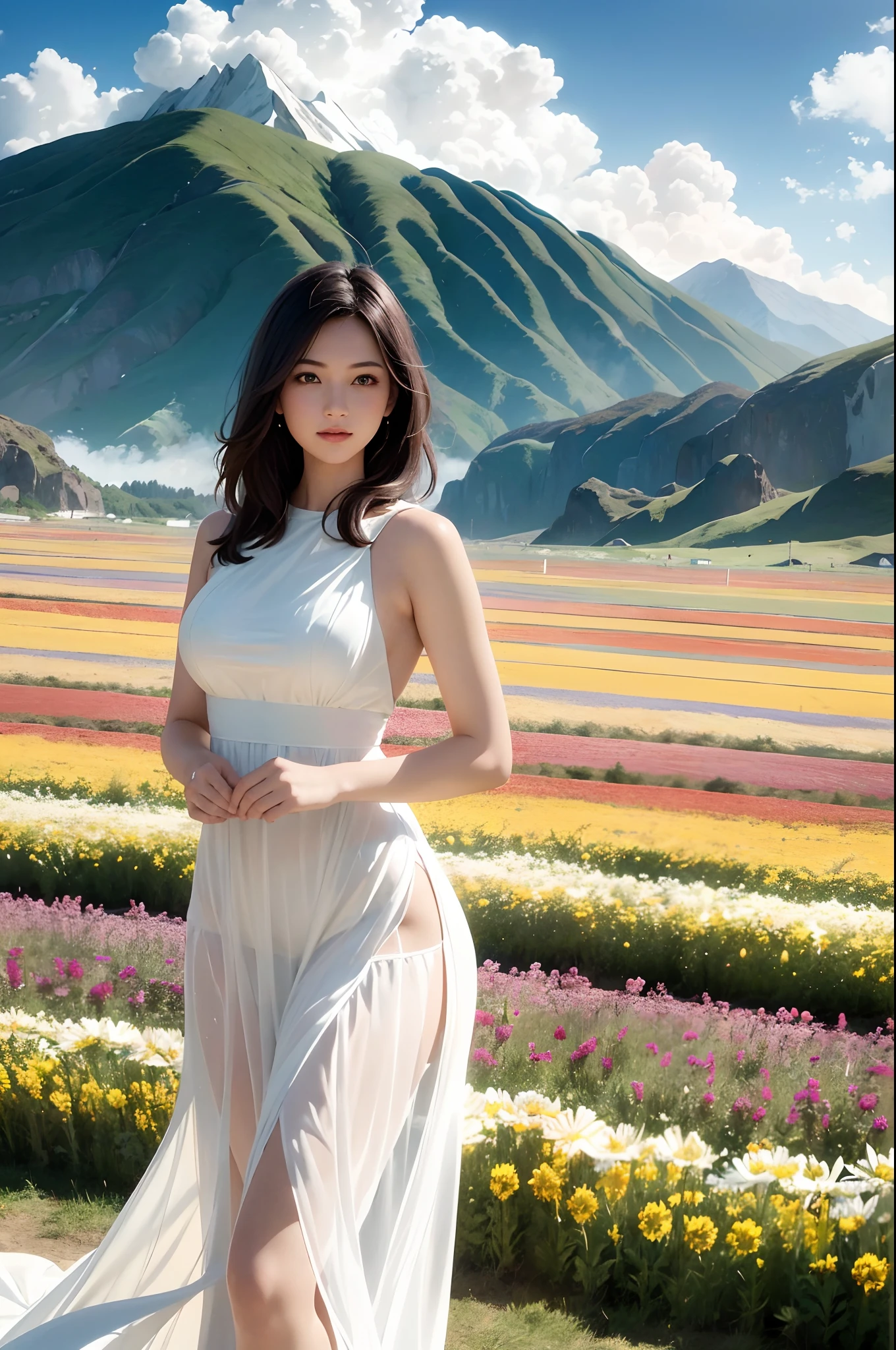 2girls, dynamic angle, cloud and mountain, (flower field:1.4) in the foreground, white dress, light tracing, (floating colorful wind:1)
(photorealistic:1.4), official art, unity 8k wallpaper, ultra detailed, beautiful and aesthetic, masterpiece,best quality, glowing skin, cinematic lighting, light smile